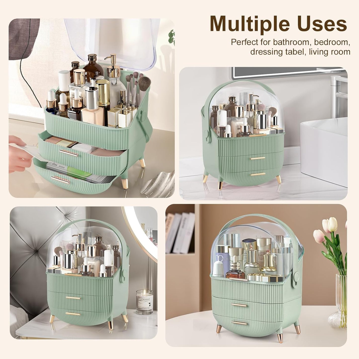 Make up Organizers and Storage, Makeup Organizer for Vanity, Cosmetics Skincare Organizers with Lid and Drawers, Cosmetic Display Cases for Countertop, Bathroom, Ideal Gifts for Women(Light Green)