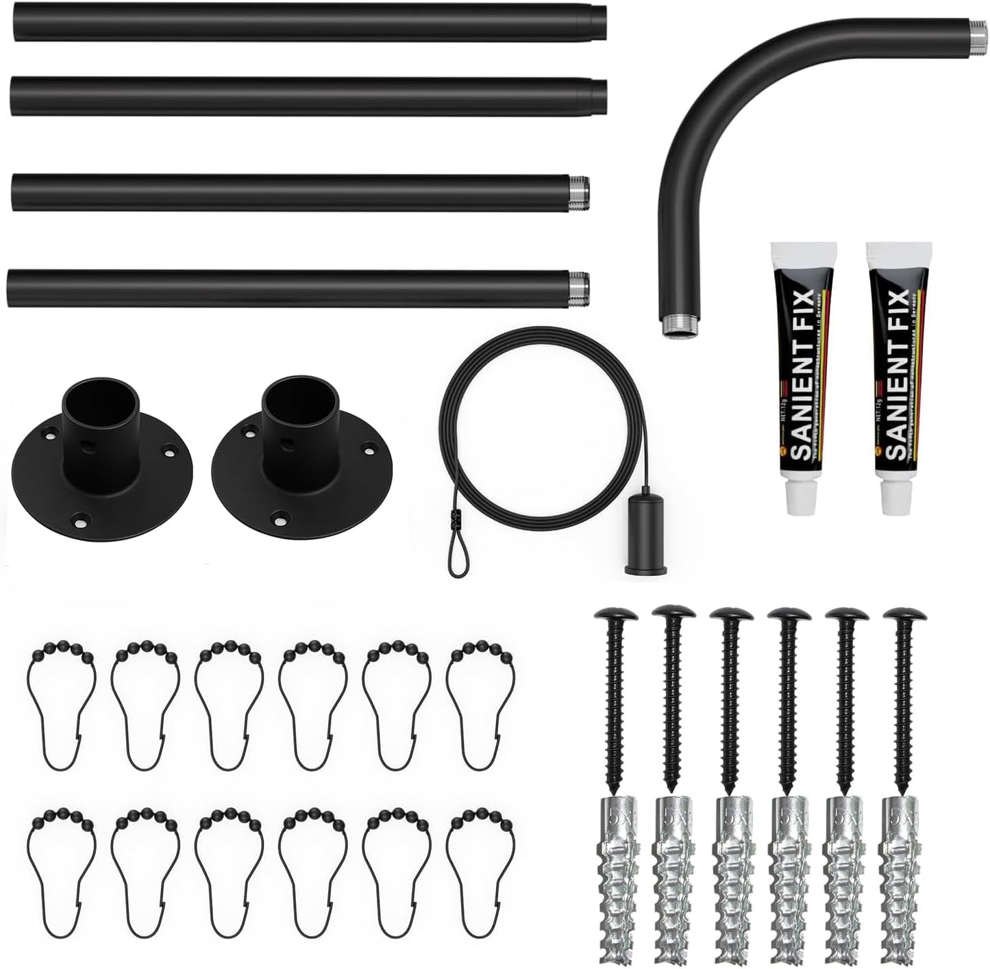 L-Shaped Corner Shower Curtain Rod, 「Black 24"-53" x 24"-53"」 Adjustable, Unsagging, Drill-free Install,304 Stainless steel 90°Curved Rod, Max Size 24"-37" x 55.1 "-69" with 12 Hooks