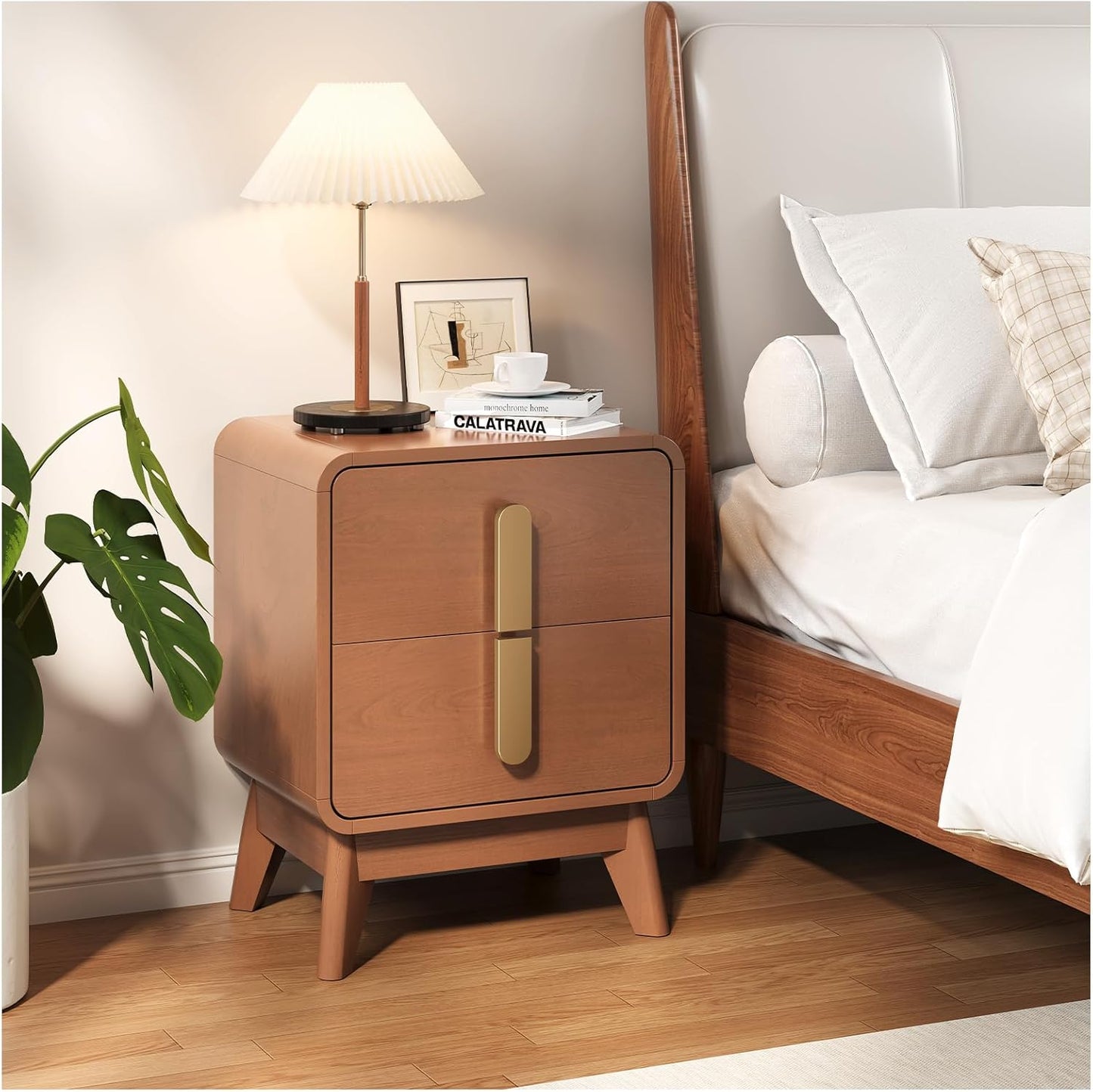 Night Stand Set 2, Mid Century Modern Bedside Table with Drawers, Curved Profile Design End Table with Metal Handle, Nightstand Set of 2 with Storage, Bed Side Tables for Bedroom, Cherry