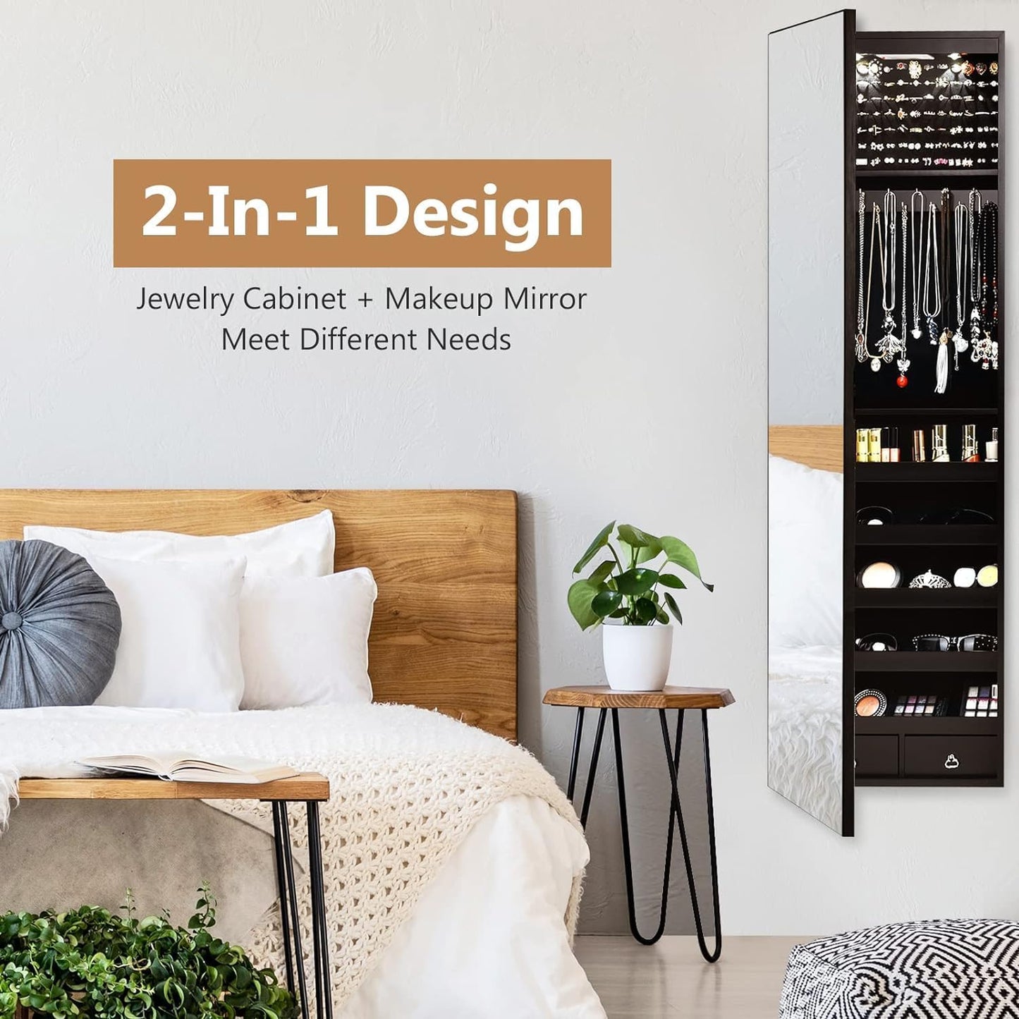 HAPPYGRILL Over the Door Jewelry Organizer, Hanging Jewelry Storage Cabinet w/Full-Length, Inner Makeup Mirror, Earring Shelves, Ring Slots, 25 Necklace Hooks, Wall Mounted Jewelry Armoire for Women