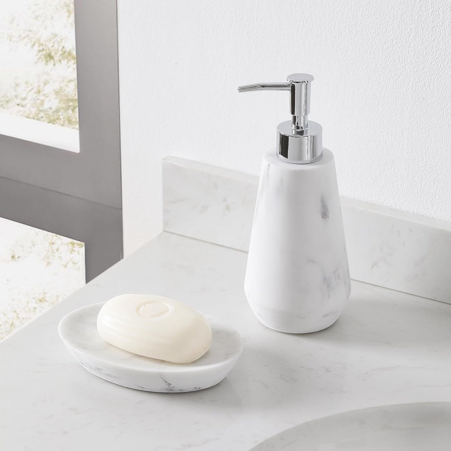 4 Piece Modern Bathroom Accessory Set with Marbled Style and Geometric Design Includes Lotion Dispenser, Toothbrush Holder, Tumbler, Soap Dish (Mordern Style Marble)