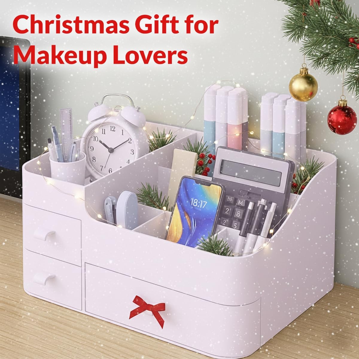 Makeup Organizer for Vanity – Large Cosmetic Storage Box with Drawers & Compartments for Brushes, Lipsticks, and Skincare – Bathroom Countertop Organizer for Women & Girls – Elegant White Design