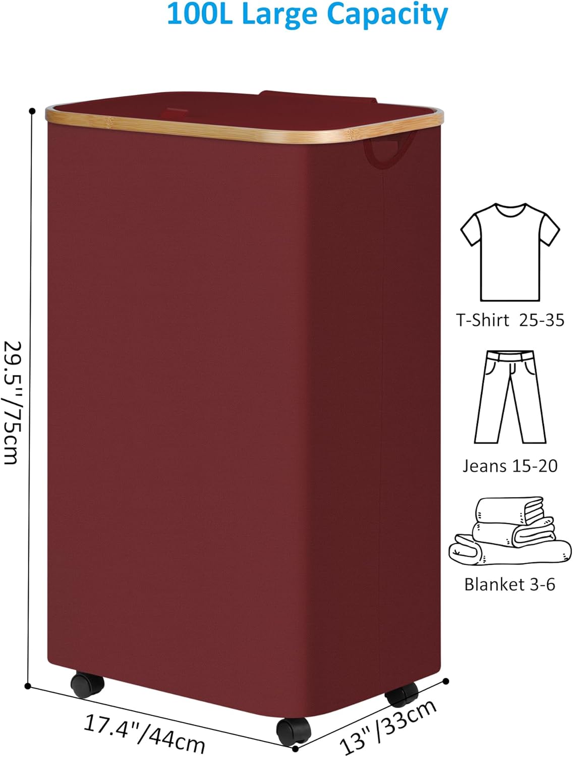 efluky Laundry Basket with Wheels, Tall Rolling Laundry Hamper with Lid and Removable Bag, Aesthetic Dirty Clothes Hamper on Wheels for Laundry Room, Bedroom, Dorm and Bathroom, 100L Rose Red