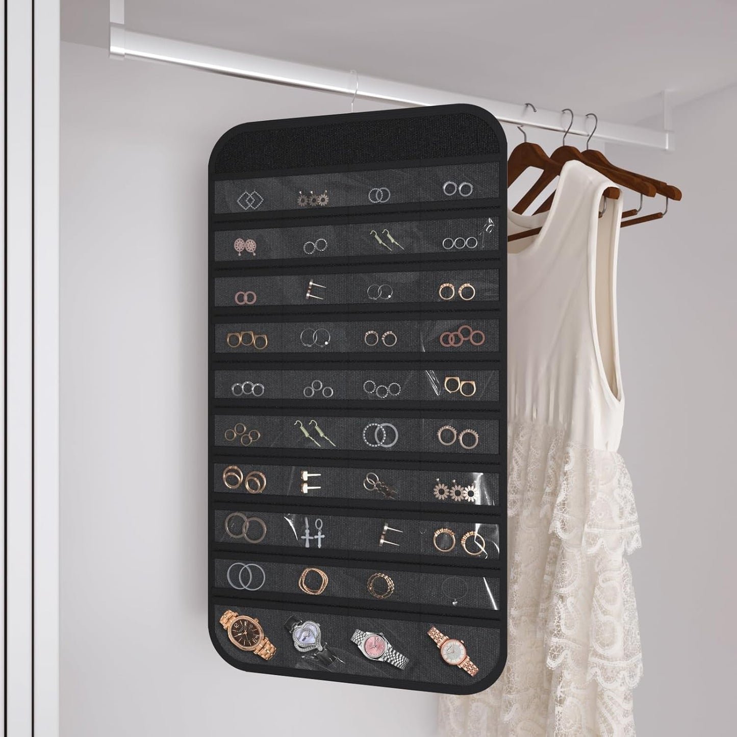 Hanging Jewelry Organizer Storage, 40 Pockets 36 Hooks Necklace Earring Necklace Bracelet Ring Organizer, Double - Sided Design, Black