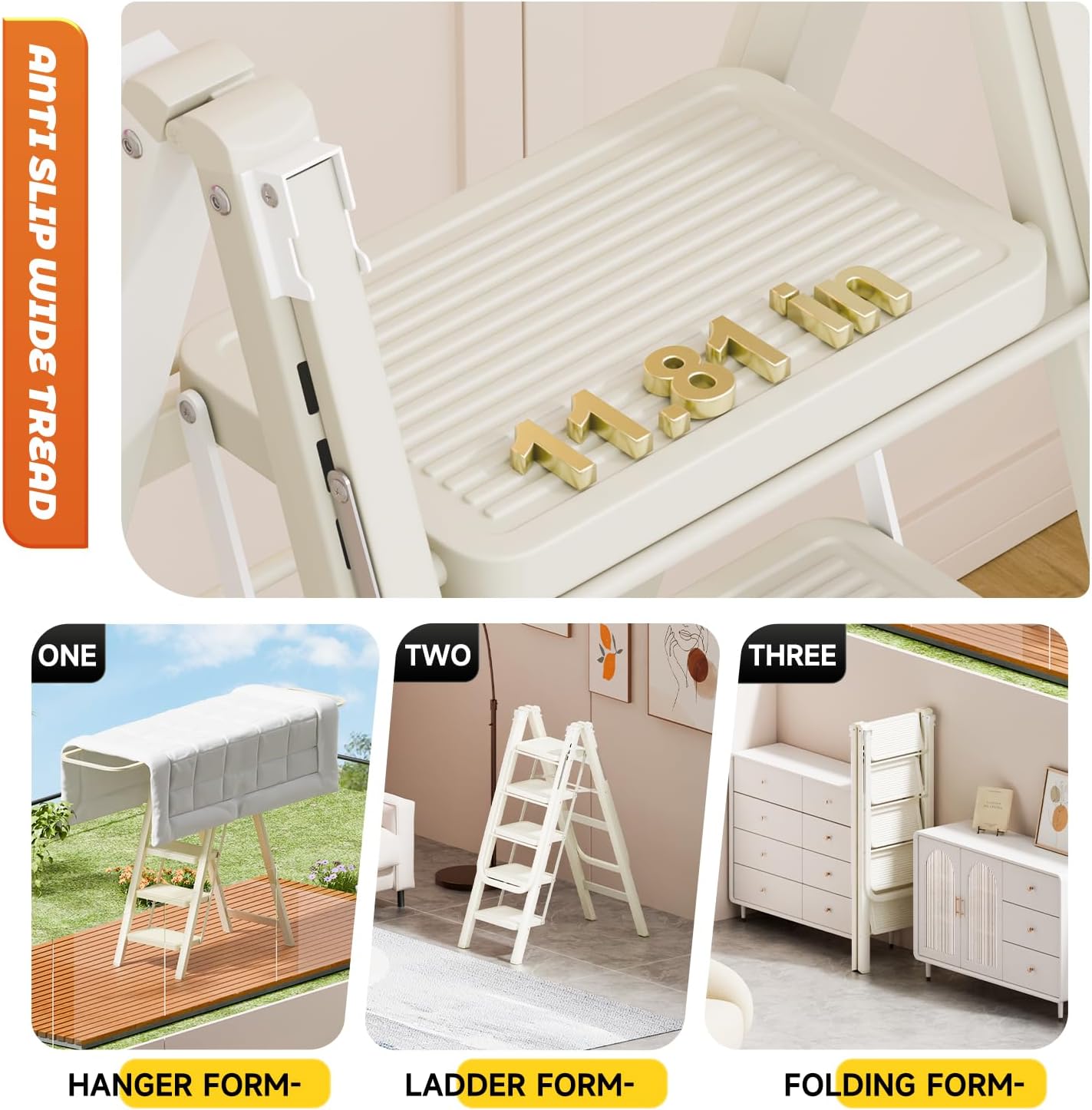 Multi-Functional 5 Step Ladder Used as Clothes Drying Rack,Sturdy Carbon Steel Ladder,Widened Pedal,Foldable & Portable Clothes Drying Rack, Space-Saving Design Indoor&Outdoor Drying (White)