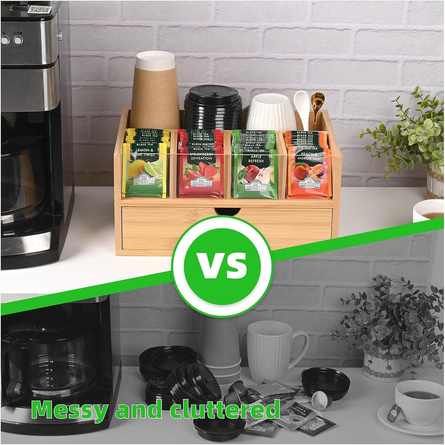 Tea Bag Organizer, Bamboo Tea Organizers and Storage, Tea Box Organizer Storage Box with Drawer, Portable Tea Bag Holder Organizer, Tea Storage Organizer for Countertop, Pantry, Kitchen