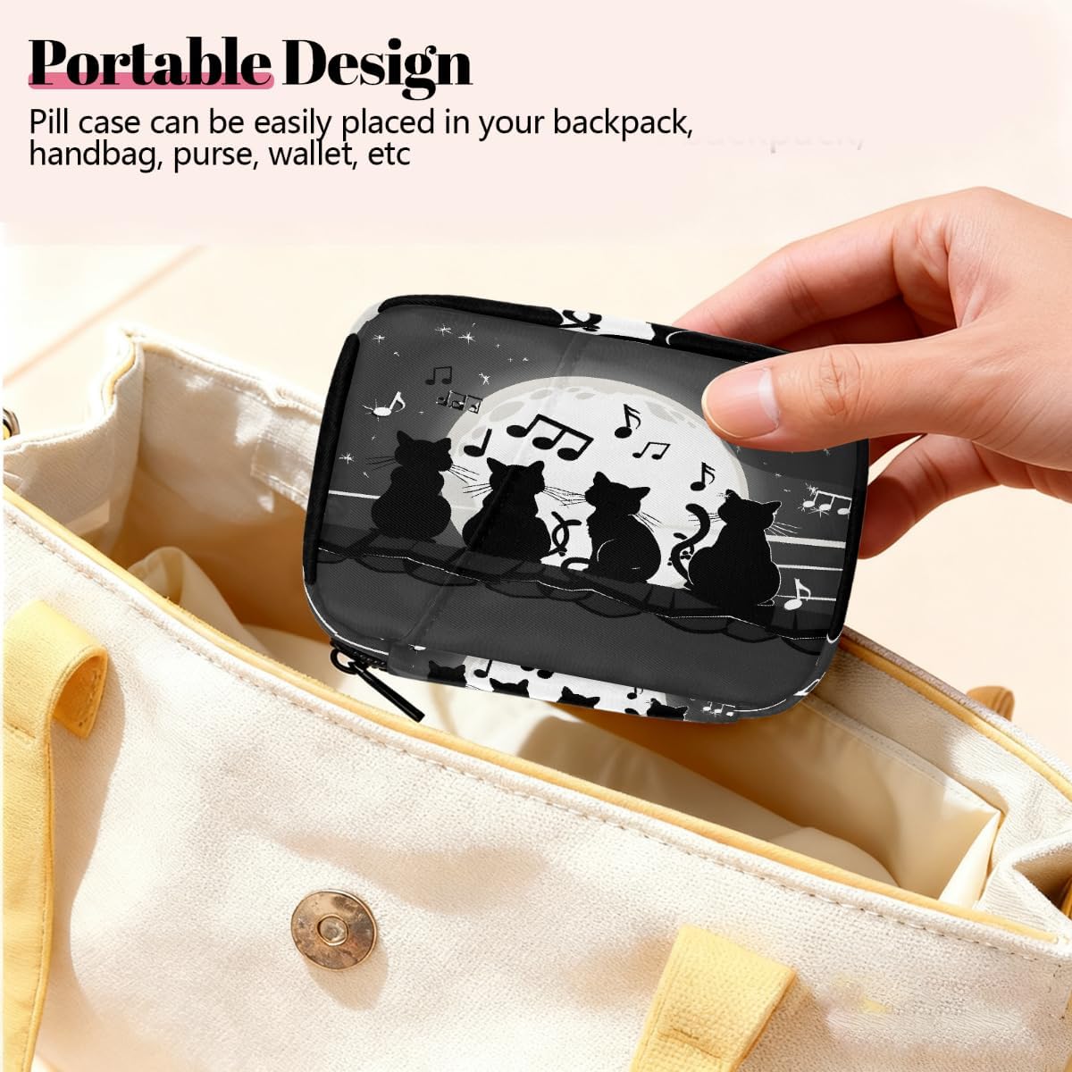 Moon Cat Music Note Pattern Pill Organizer Travel Medicine Case with Zipper Daily Vitamin Storage Bag Portable 8 Slot Weekly Pill Box Supplement Holder for Home Office Gym Travel