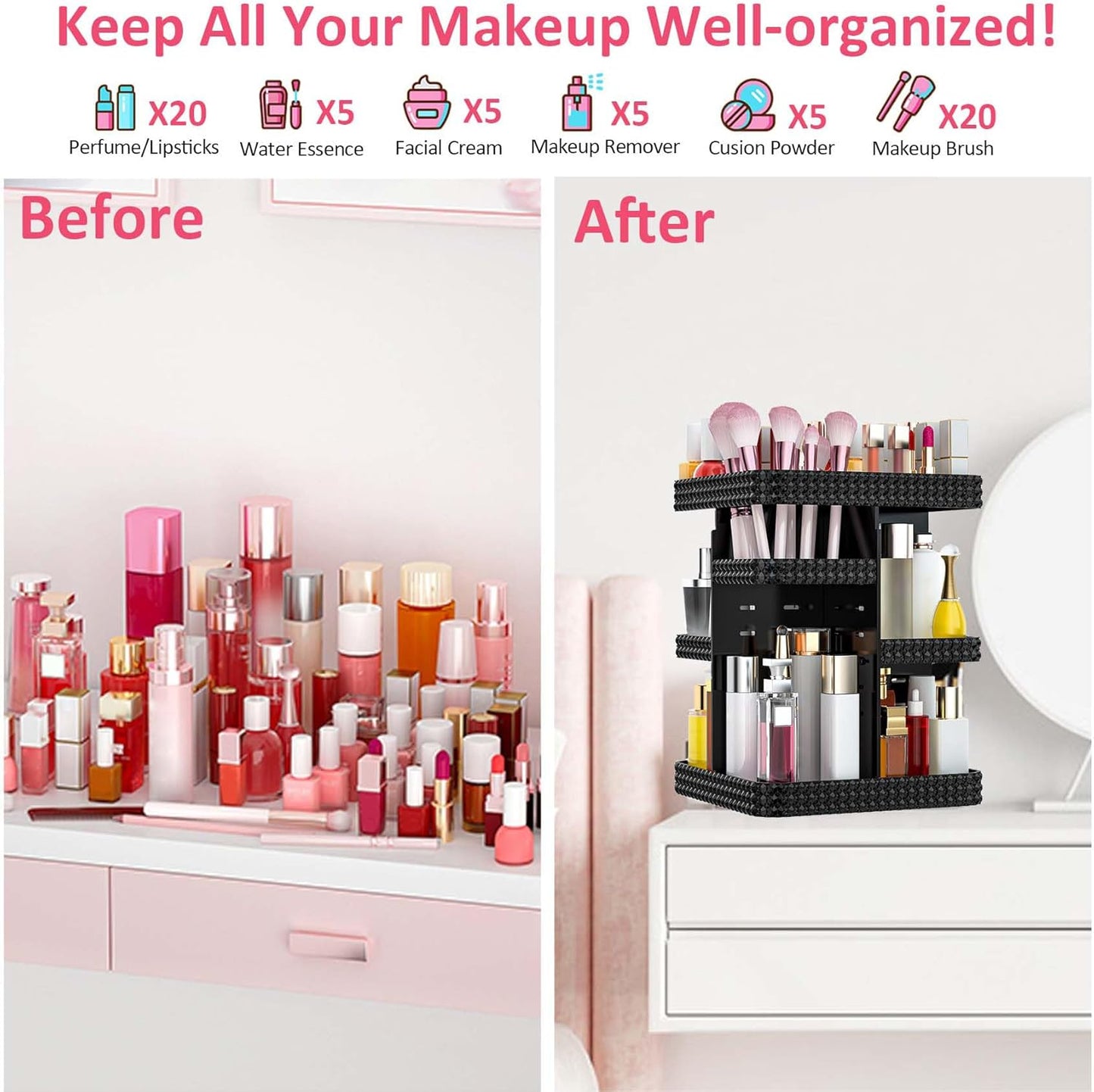 Rotating Makeup Organizer, Large Capacity Cosmetic Display Case, Acrylic Skincare Organizer with Brush Holder, Makeup Storage Organizer for Dresser Countertop and Bathroom Vanity - Black