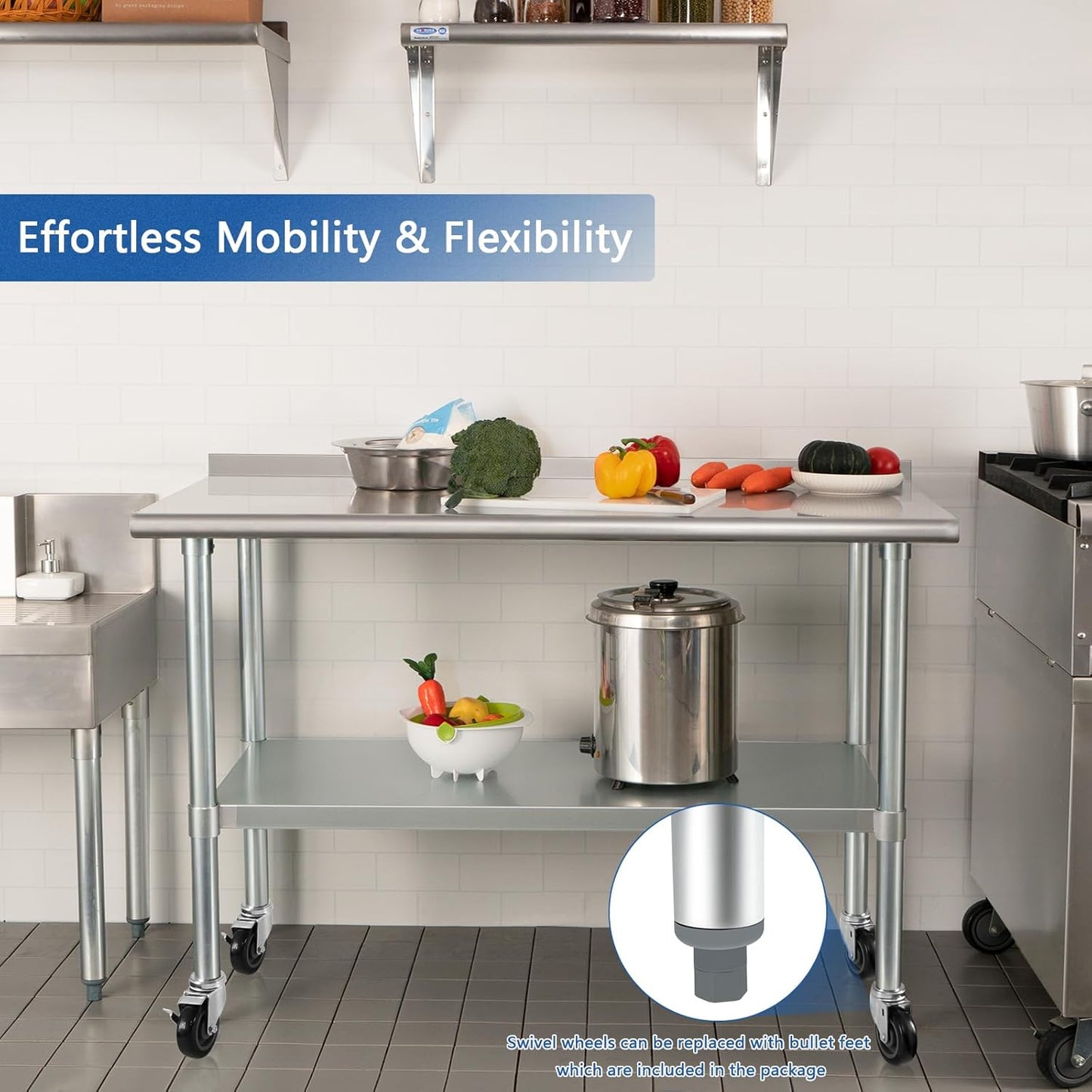HARDURA Stainless Steel Table 30 x 60 Inches with Wheels Casters NSF Heavy Duty Commercial Prep Table with 2” Backsplash and Adjustable Undershelf for Restaurant Kitchen Home and Hotel