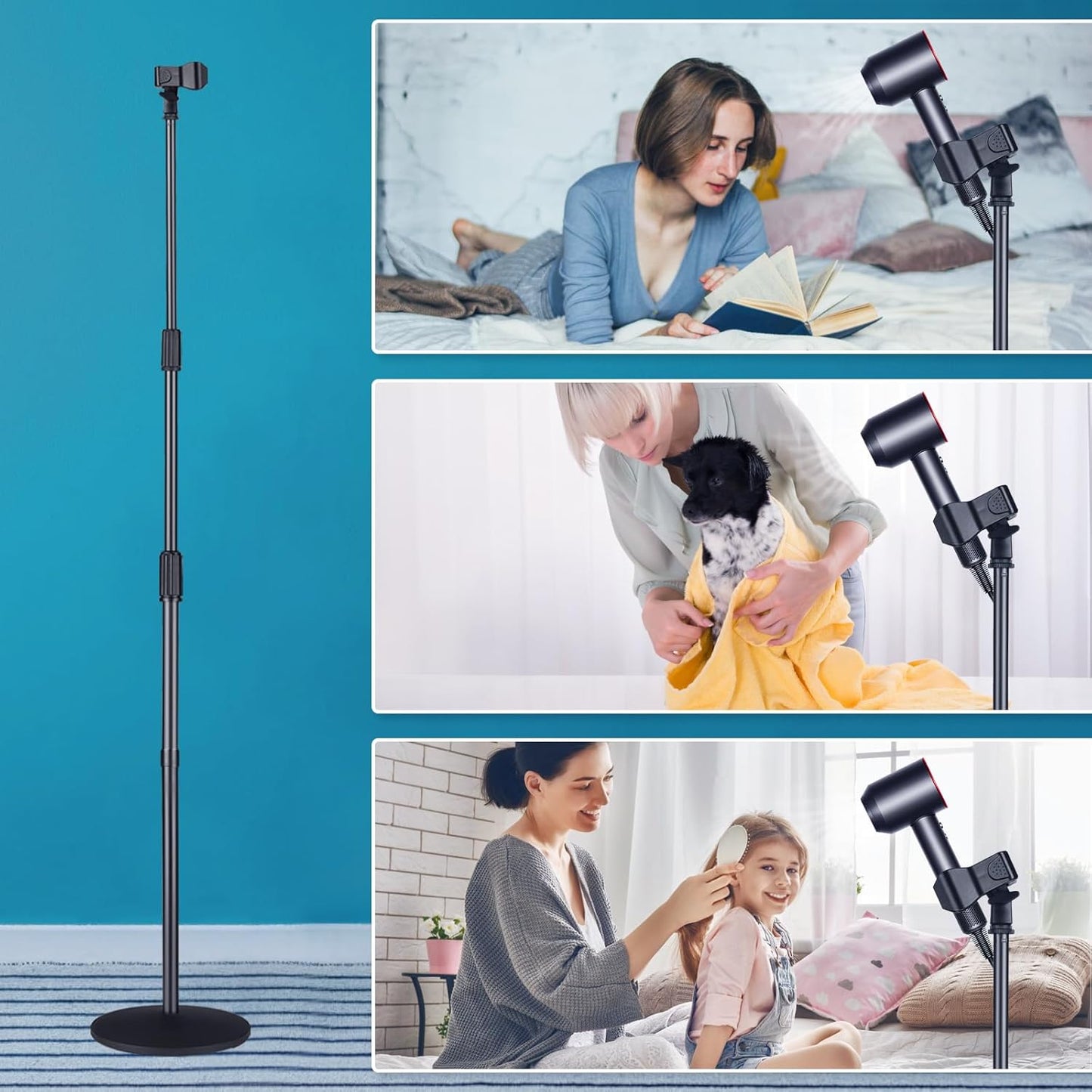 Hands Free Hair Dryer Stand Holder - 59in Adjustable Height, Metal Blow Dryer Stand with Heavy Base, 180 Rotatable for Women, Pets