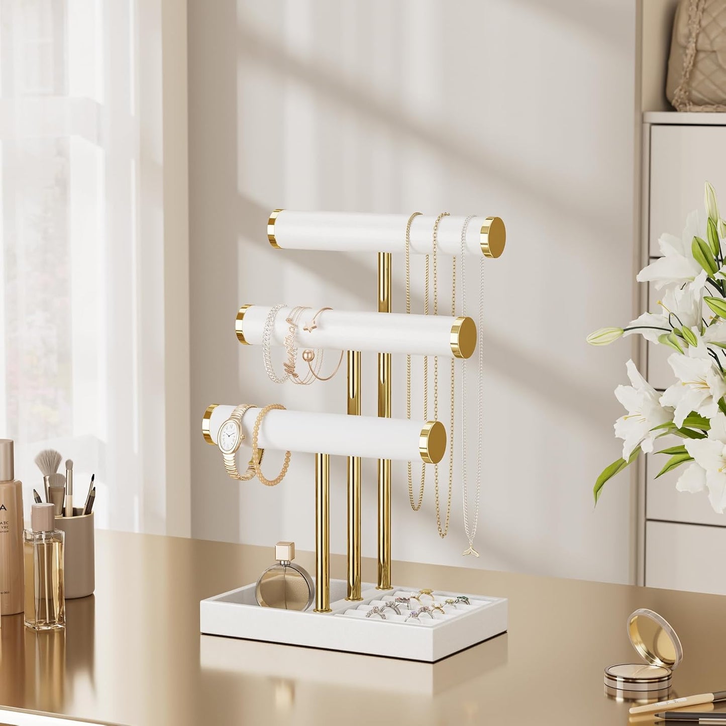 3 Tier Bracelet Holder Display - White Leather Bracelet Holder, Detachable T Bar Jewelry Holder Organizer for Bracelet, Necklace, Earrings, Rings, Watches, Bangle