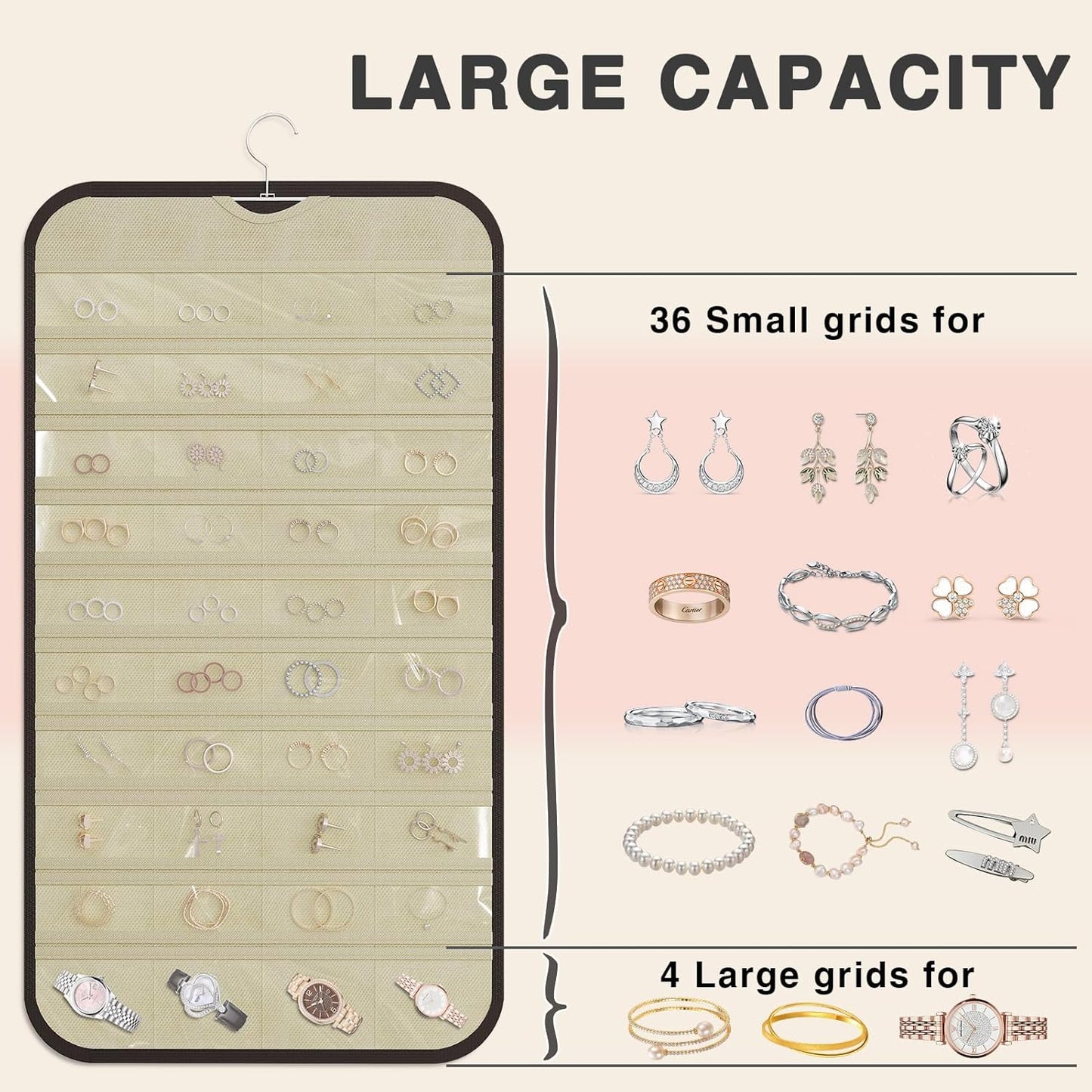 Hanging Jewelry Organizer Storage, 40 Pockets 36 Hooks Necklace Earring Bracelet Ring Organizer, Double - Sided Design, Black and Beige