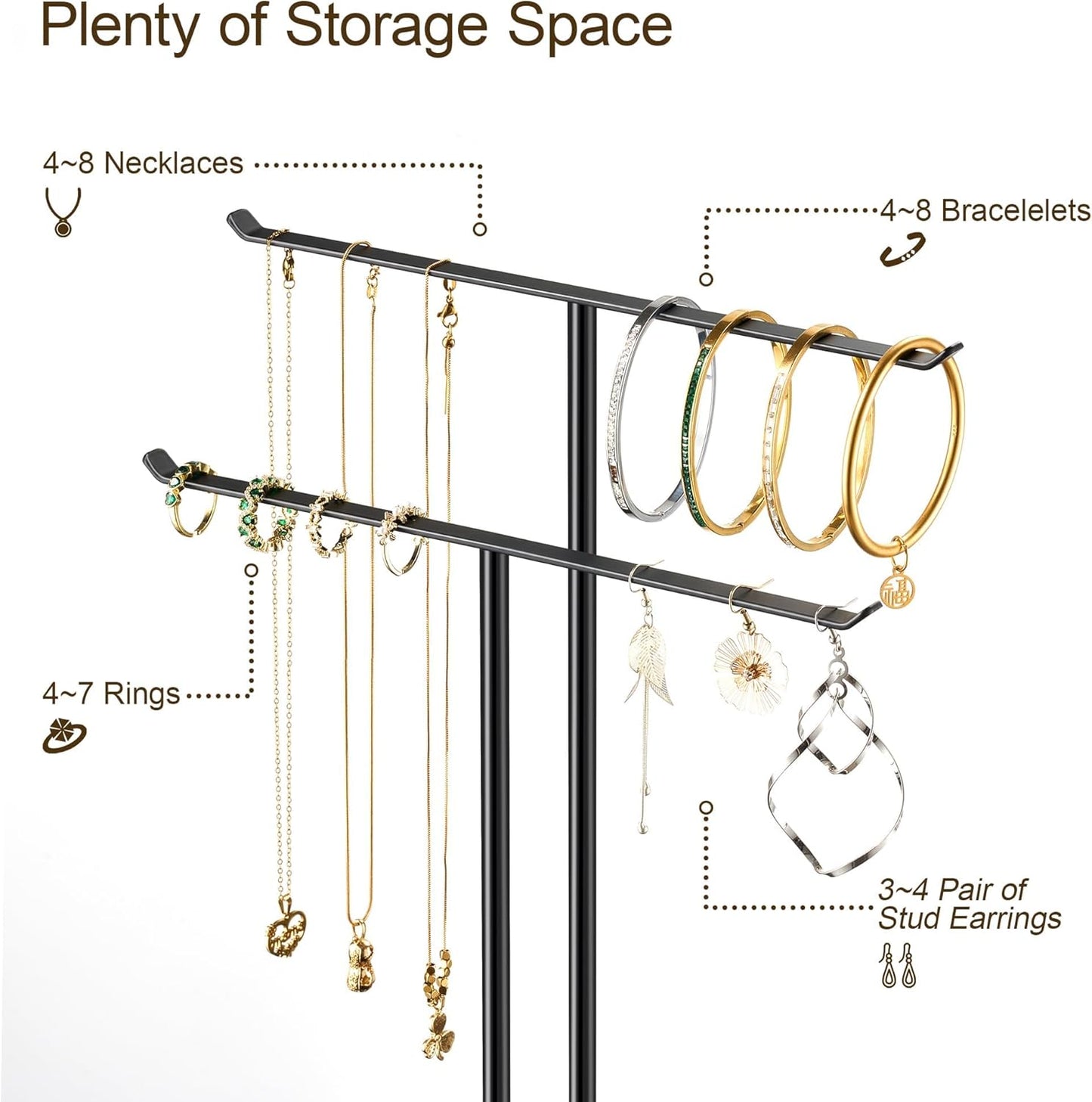 pickpiff Necklace Holder Jewelry Organizer Stand – 2‑Tier T‑Bar Jewelry Display Tree with Tray for Countertop Necklace Bracelet Earring Storage, Vanity Dresser Bathroom Sink, Black