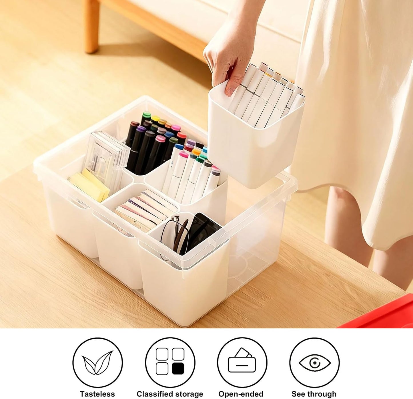 loobuu Plastic Storage Bins with Lids, Art Craft Supply Organizer Box with Brush Pot, Multipurpose Stackable Storage Containers for Organizing Tool, Craft, Crayon,Sewing (Red)
