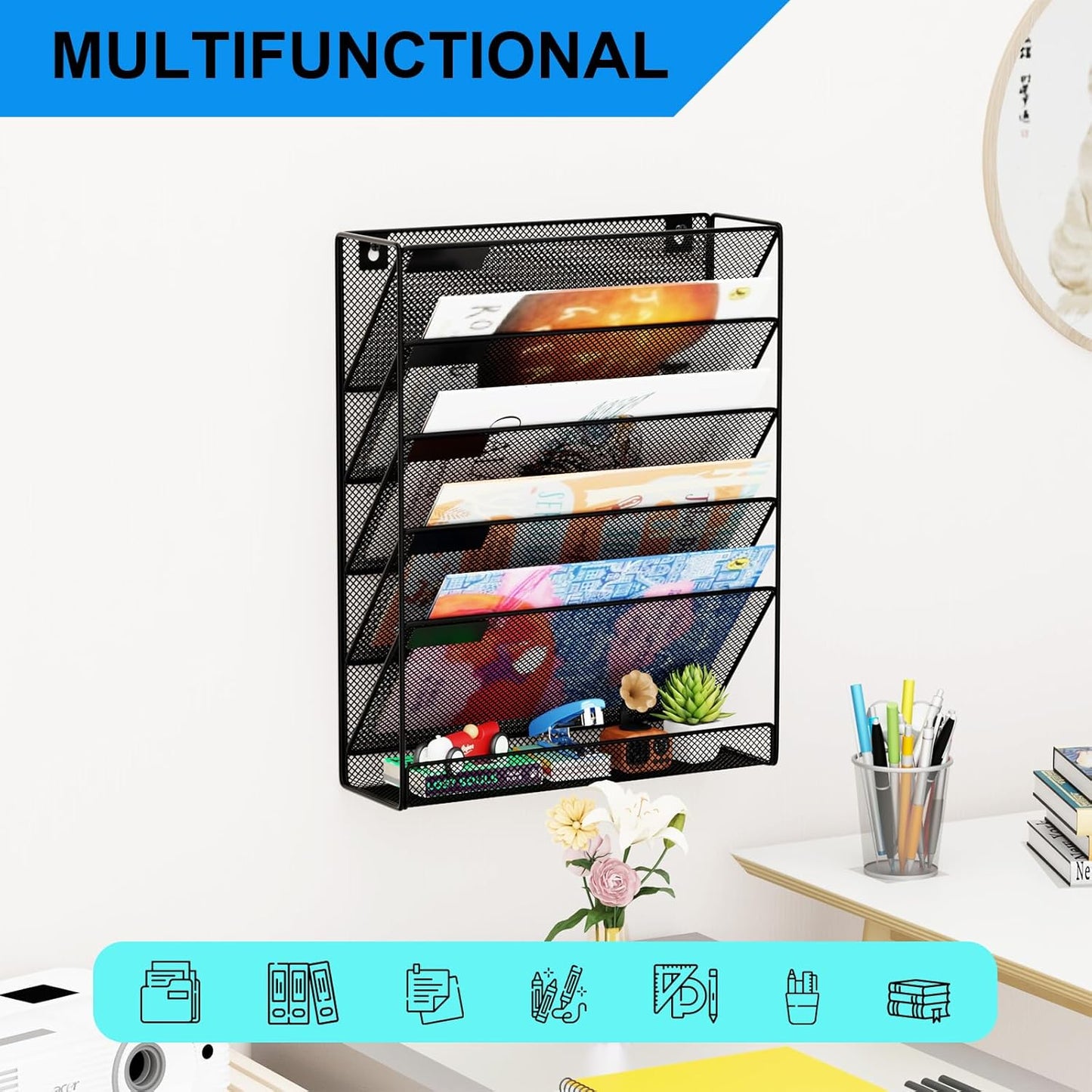 Wall File Organizer Holder Mesh Hanging Paper Document Holder,Vertical 6 Pocket Tier for Office Home, Black