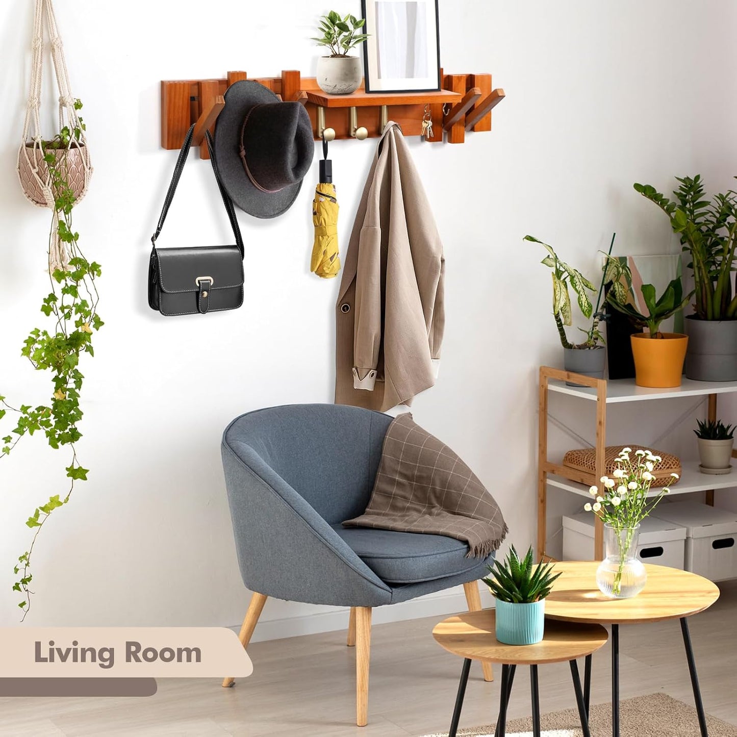 Zingoetrie Wooden Coat Rack Wall Mount Red Brown 11 Hooks Key Holder Umbrella Entryway Shelf Housewarming Holiday Gifts