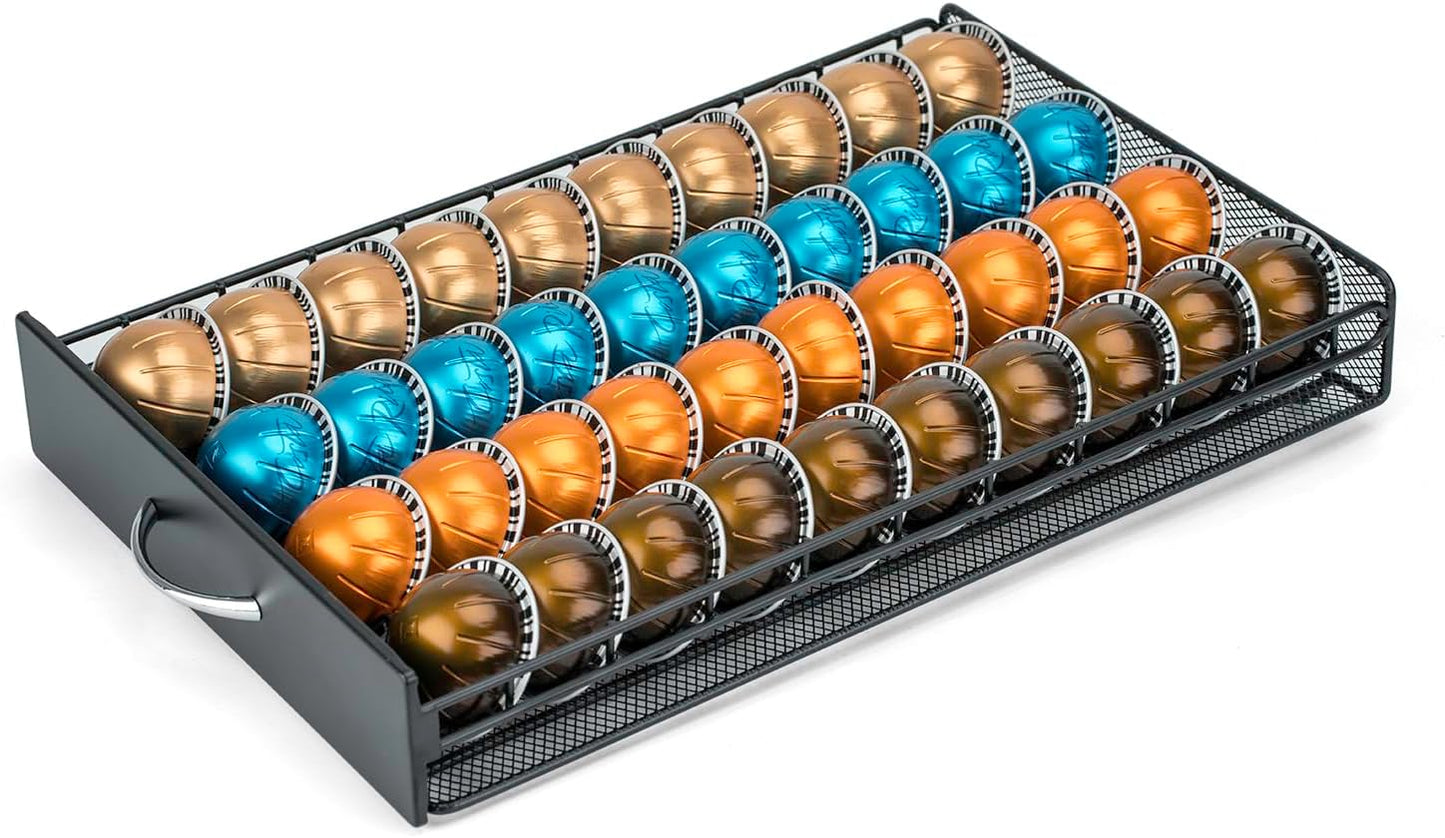 for Vertuo Coffee Capsule Storage Drawer Compatible with Nespresso Vertuoline Pods Holder Metal and Wood Top Organizer (can hold 40 Pods)