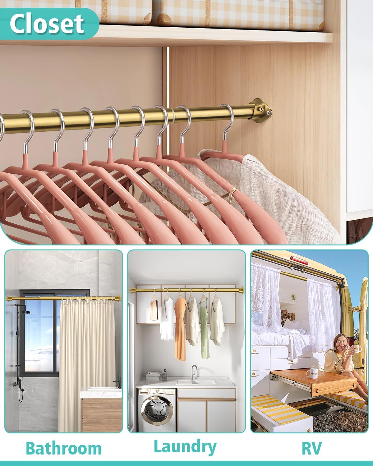 Closet Rod, 17 to 52 Inch Heavy Duty Adjustable Metal Clothing Rack for Hanging Clothes, Closet Poles for Wardrobes, Laundry, Durable Steel, Gold(Upgraded Extra Strong)