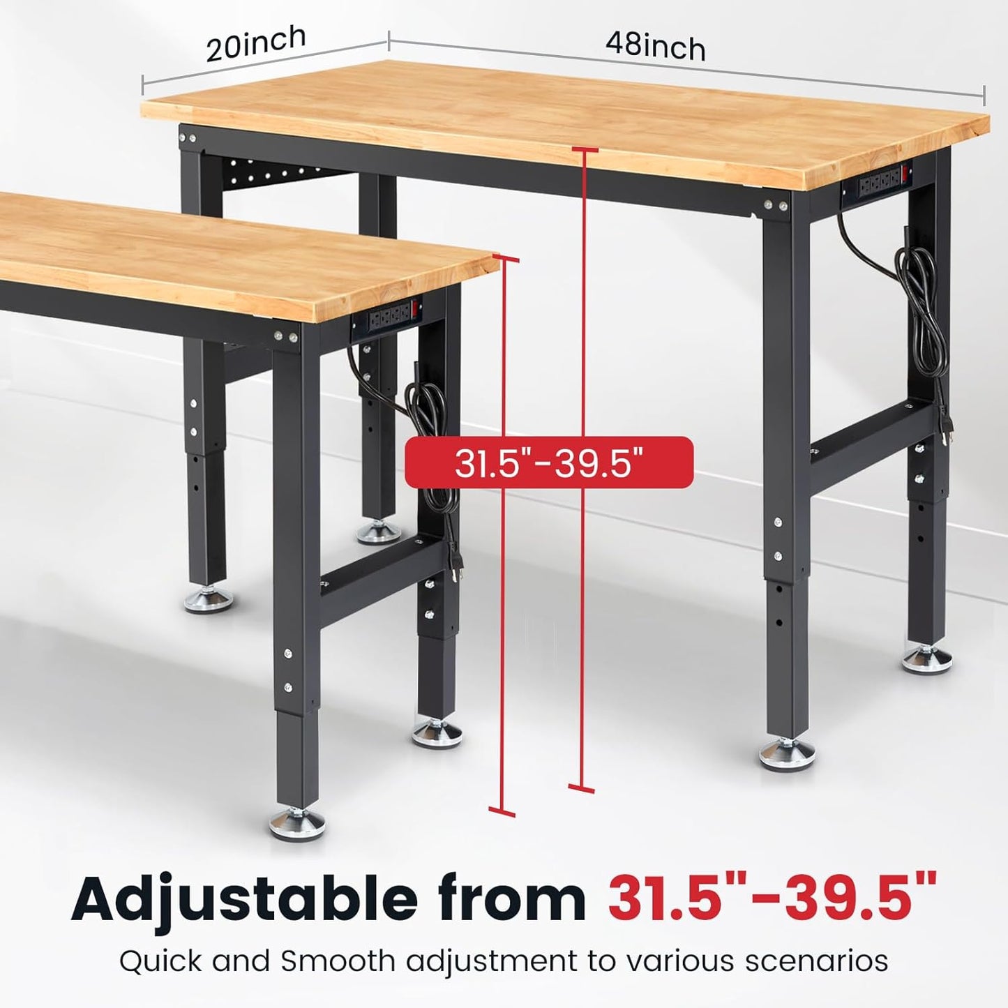 Workbench for Garage 48 Inch Work Bench Table Adjustable Height Rubberwood Tabletop Work Table with Power Outlets for Woodworking Shop Home Office Electronic Cutting Wood