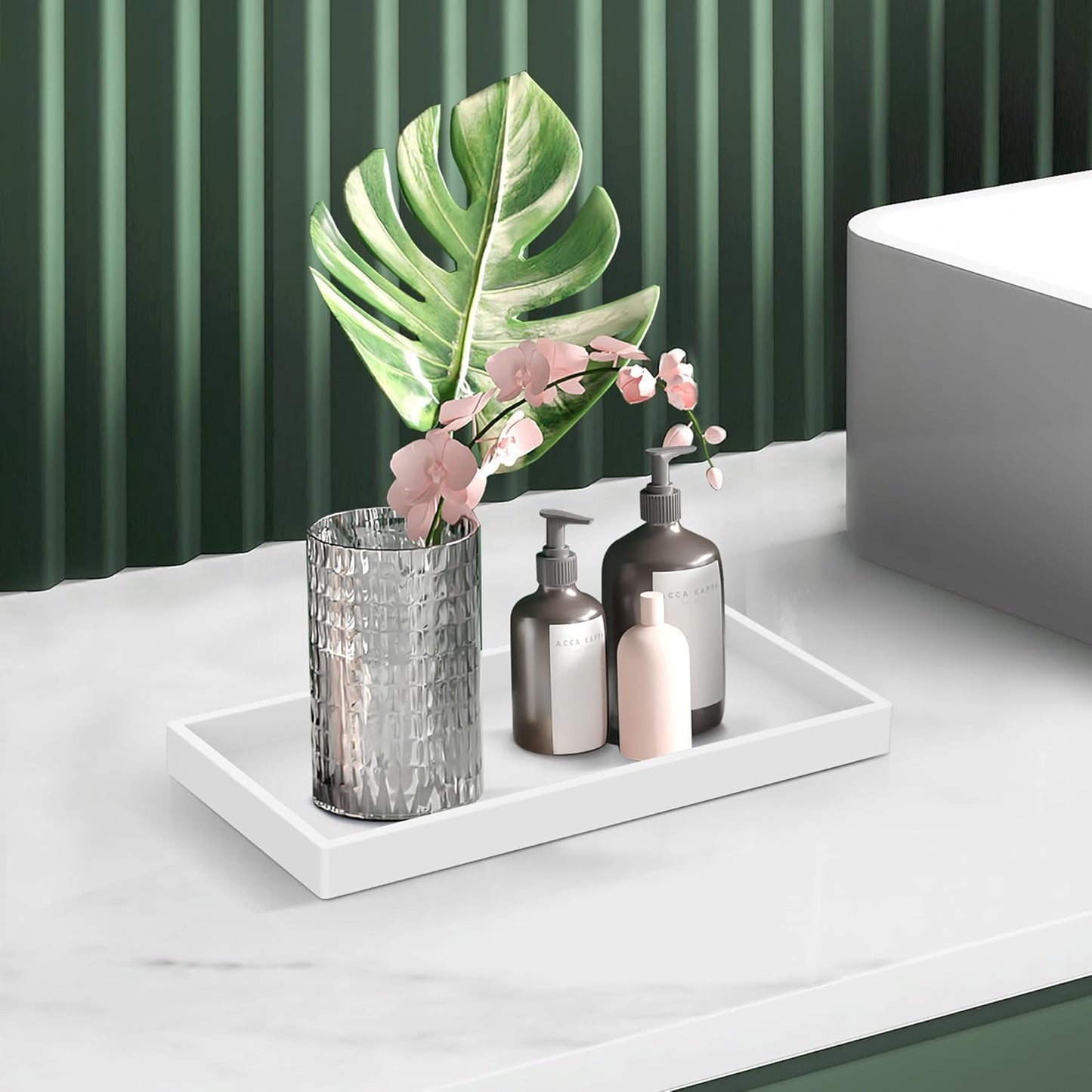 Bathroom Counter Tray,EG-SIPRO High-Grade Thickened Silicone Bathroom Vanity Tray,Shatterproof Rectangle Bathroom Tray Soap Dispenser Tray for Bathroom Countertop, Pure White, 10.6''×5.1'', (EGTRAY)