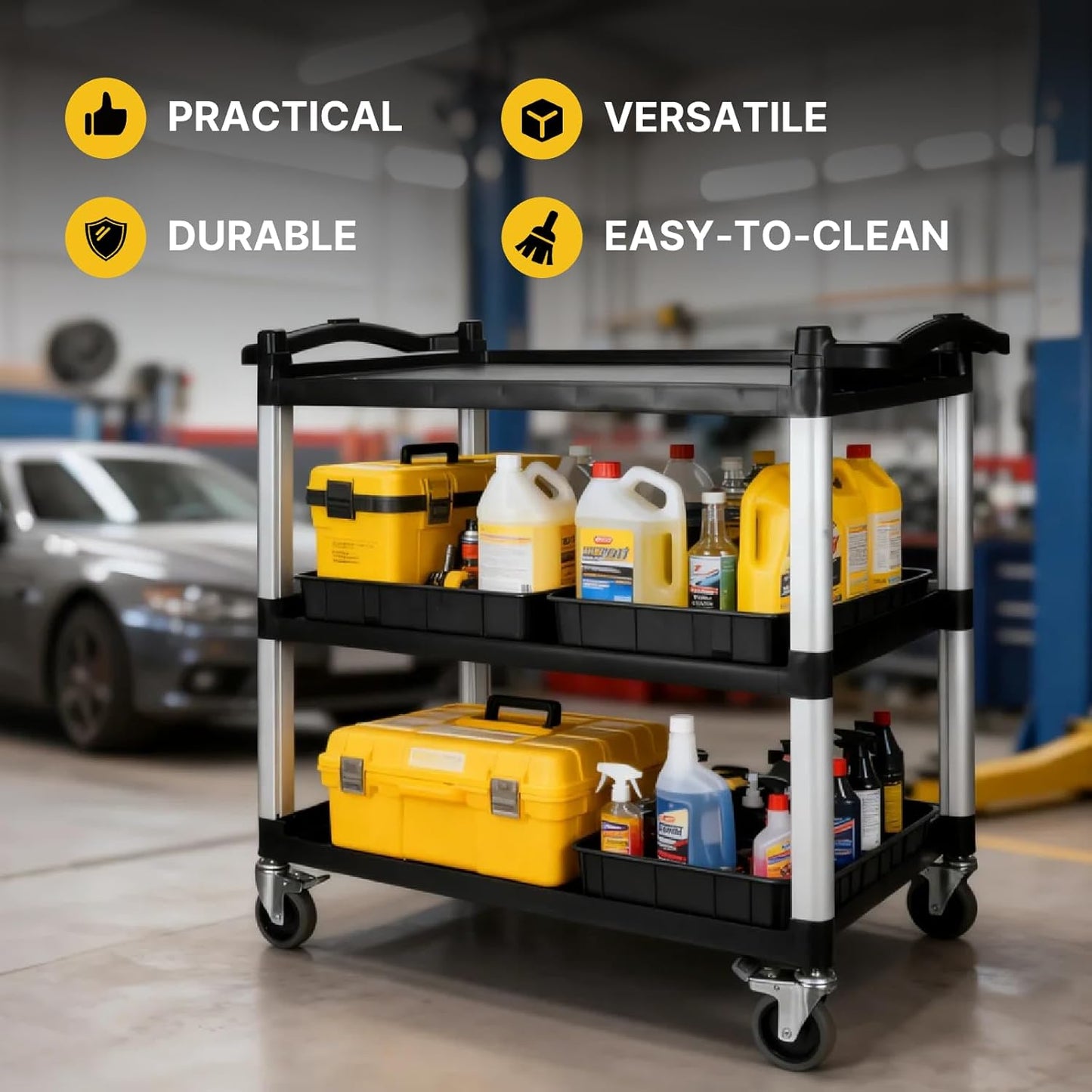 NorthSky Select Dual-Handle Utility Cart, 3 Shelves, 440 lb. Cap - Plastic Shelves, Swivel Casters - Ideal for Office, Garage, Janitorial Transport & Storage