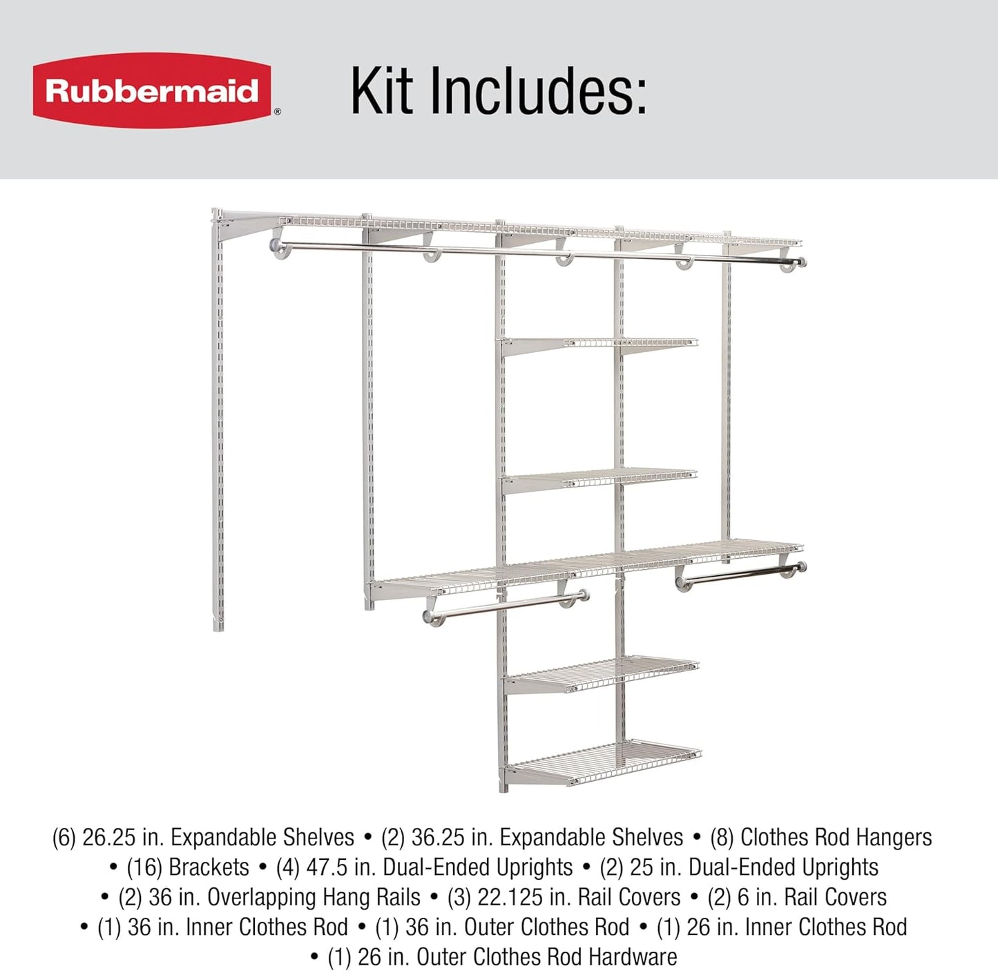 Rubbermaid Configurations Deluxe Custom Closet Kit 4-8 Ft. Adjustable Metal Wire Shelving Titanium Finish Expandable Organization System Hardware Included for Home Closet/Pantry/Laundry/Mudroom