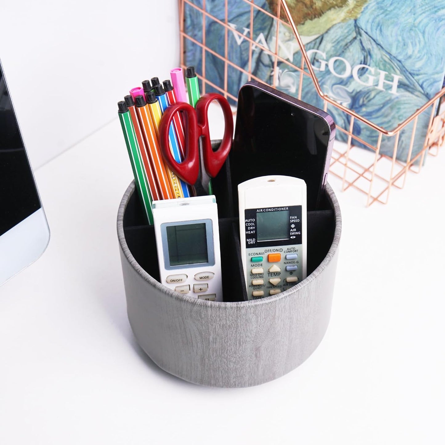 Round Leather Art Supply Organizer,Remote Control Holder,360 Degree Spinning,Multi-Functional Pencil Holder,4 Compartments Desktop Stationary Organizer(1-Thin Wood Grey)