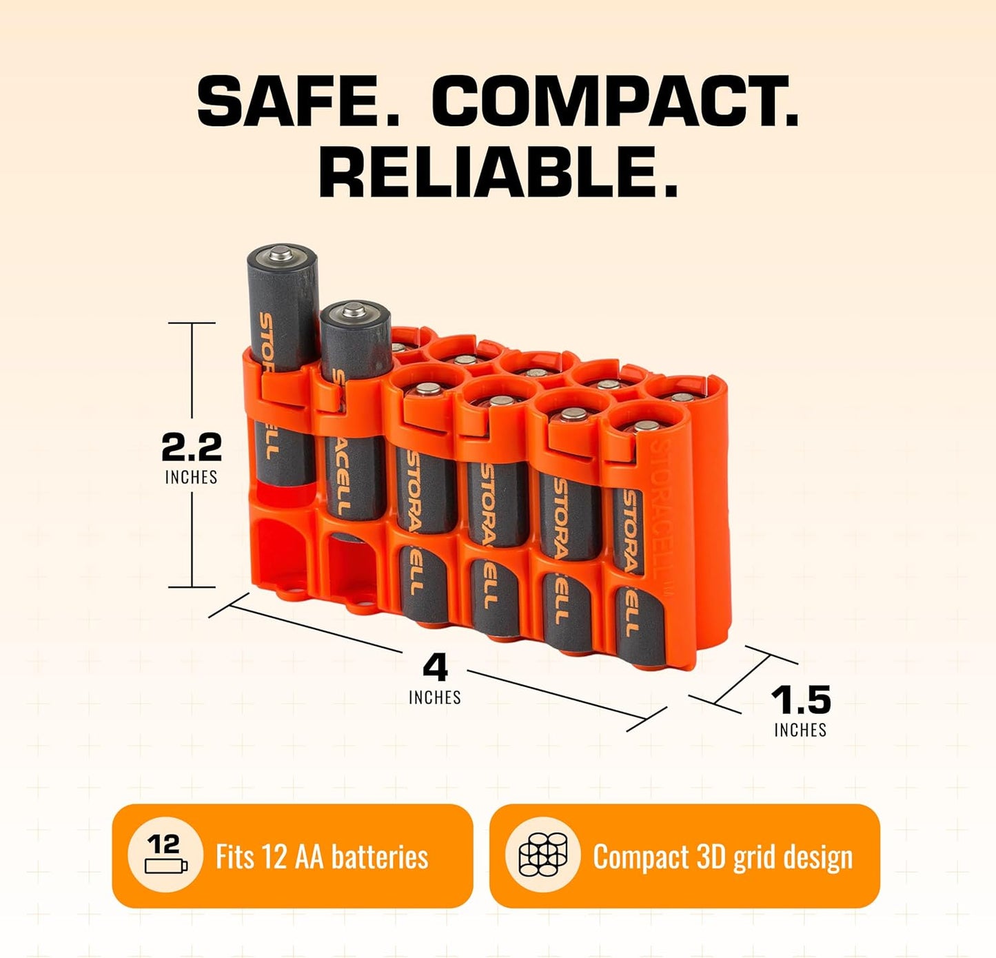 AA Battery Storage Caddy by Storacell, Orange, Holds 12 Batteries (Not included)
