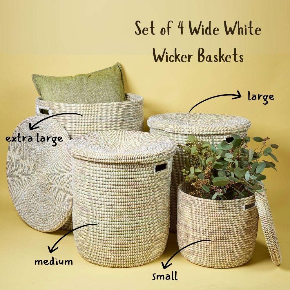 Medium White Storage Basket - Laundry Hamper, Baby Nursery Toys Bin, Living Room Blankets Storage, Towels Holder, Organizing, Decorative - Wicker, Woven, Lid, Handles