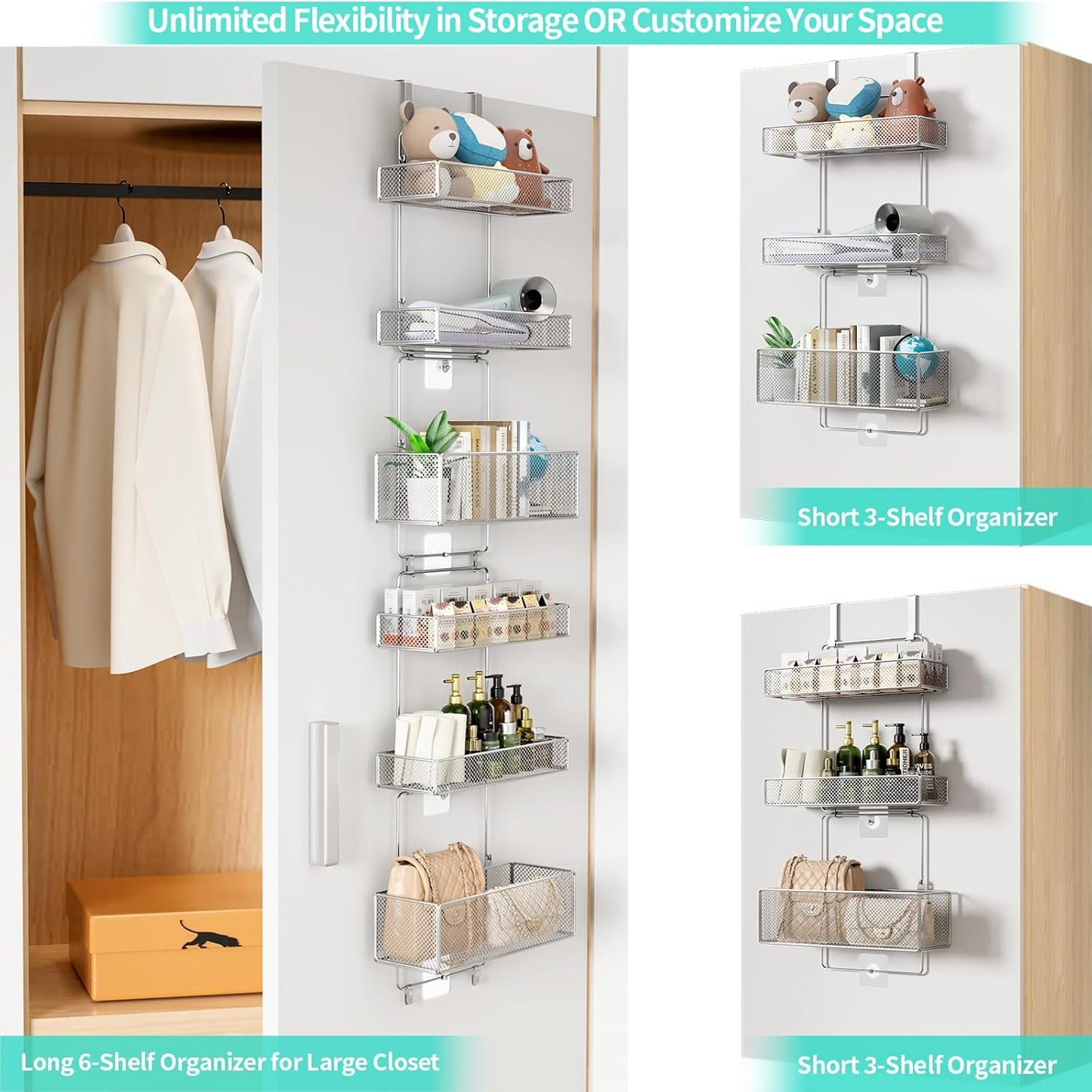 HapiRm Over Door Organizer Storage - Separable Door Organizer Hanging with 6 Metal Large Capacity Baskets for Bathroom Bedroom Kitchen Pantry Closet (Silver)