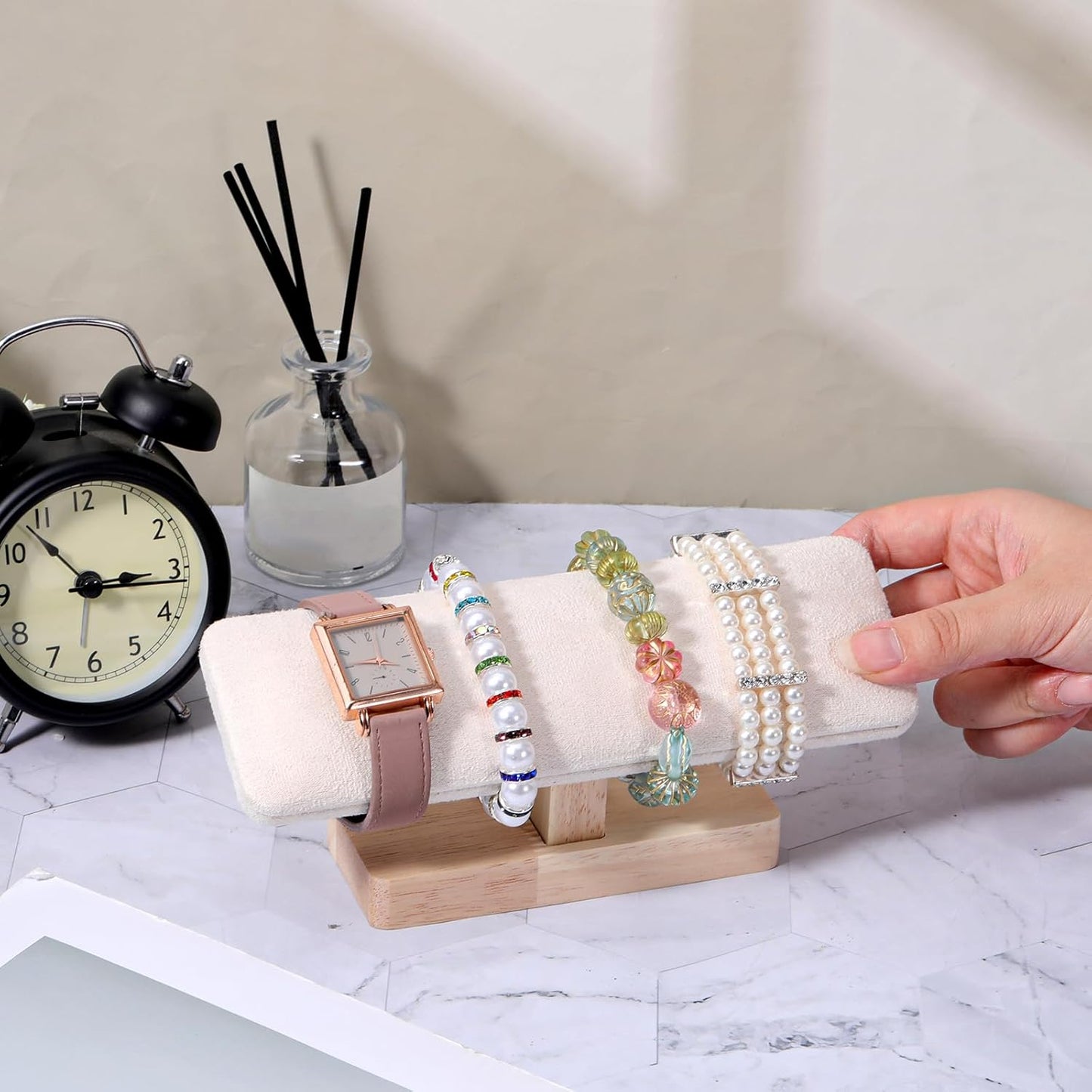 Wooden Watch Display Stand Wood T-Bar Bracelet Display Stand Jewelry Organizer Holder with Faux Suede Surface for Watches, Bangles, Scrunchies, Home Use, Retail Displays Selling 7.6x1.9x3.5inch