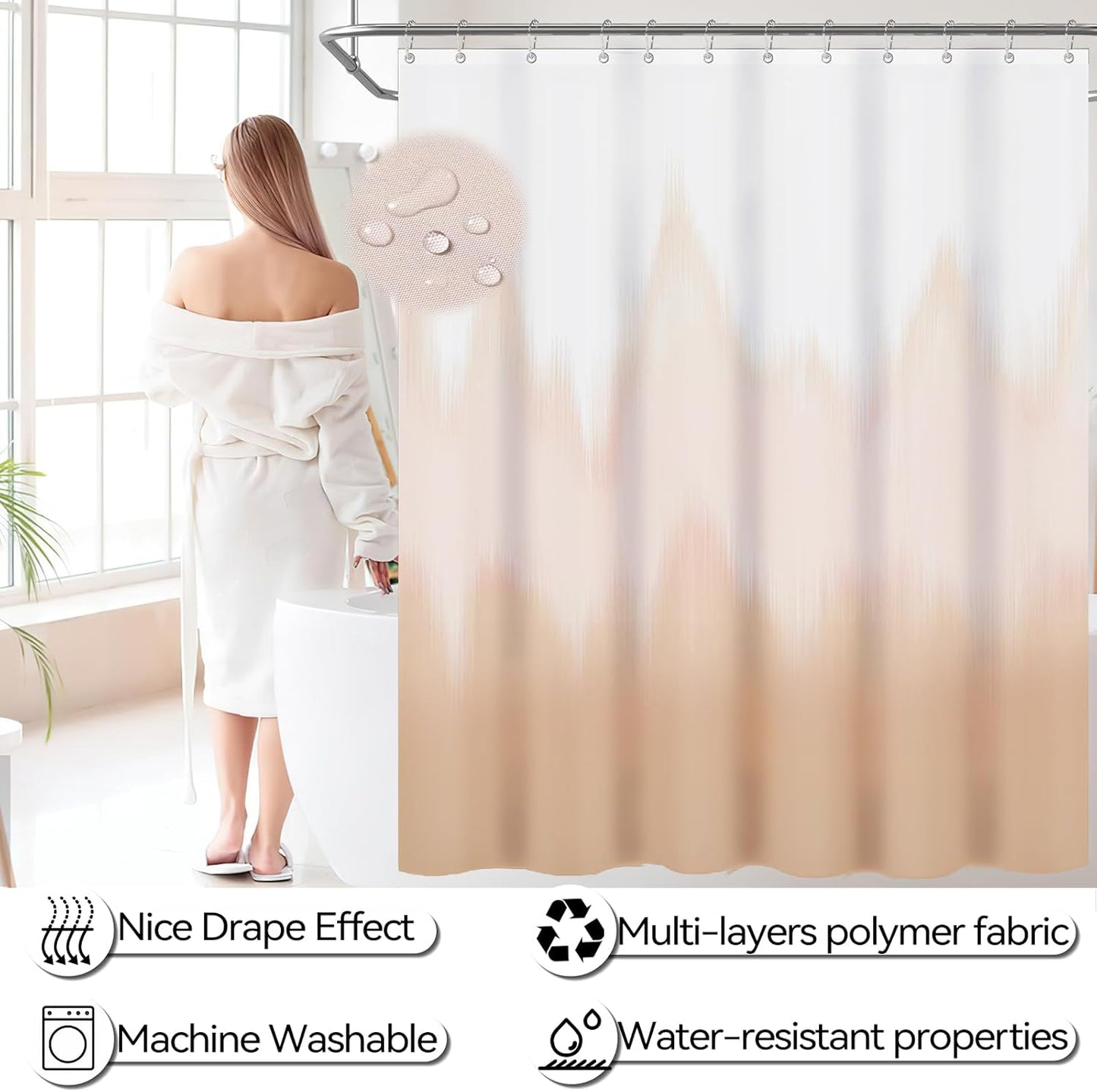 iMucci Bathroom Accessories Beige Bathroom Sets with Shower Curtain and Rug, Beige Ombre Waterproof Shower Curtain with Ultra Absorbent Rug Bathroom Accessories Set for Home Decor