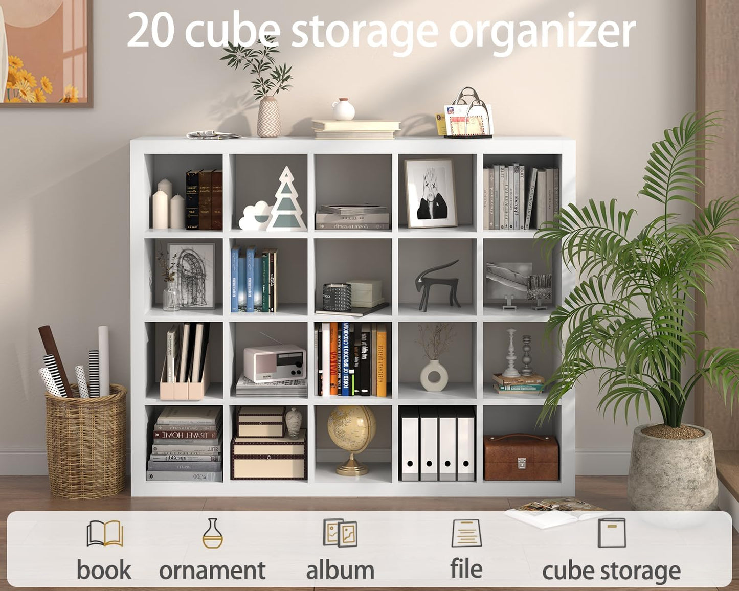 Sturdy Wooden Bookshelf with Storage Bins - 20-Cube Organizer, Multifunctional Cubicle Rack for Display & Storage, Living Room, Bedroom, Office, White