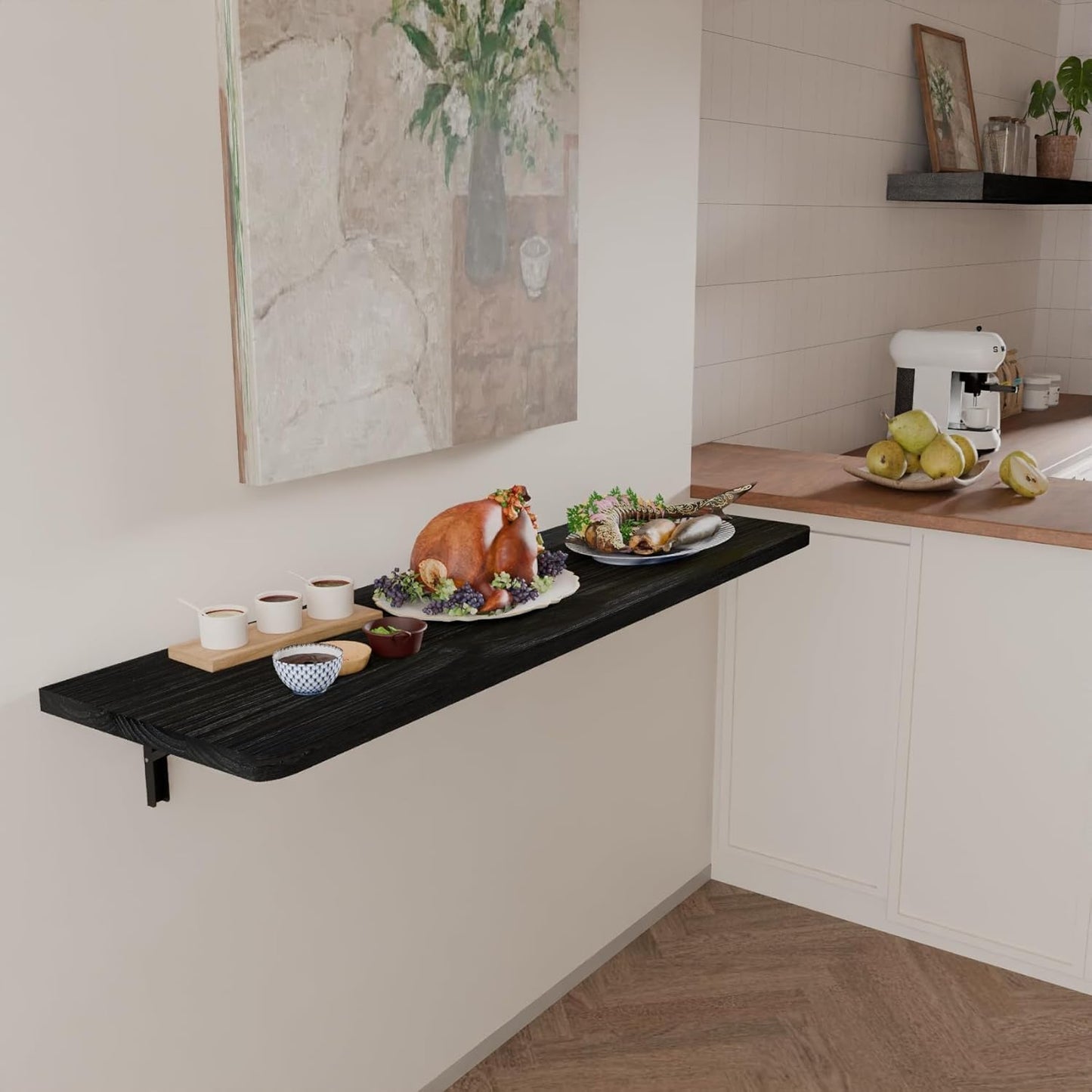 IAE Wall Mounted Folding Table with Pine Wood,55" x 16" Floating Wall Desk,Laundry Folding Table with Shelf Brackets,Fold Down Desk Shelf,Folding Workbench for Home,Dining,Laundry Room,Kitchen,Black