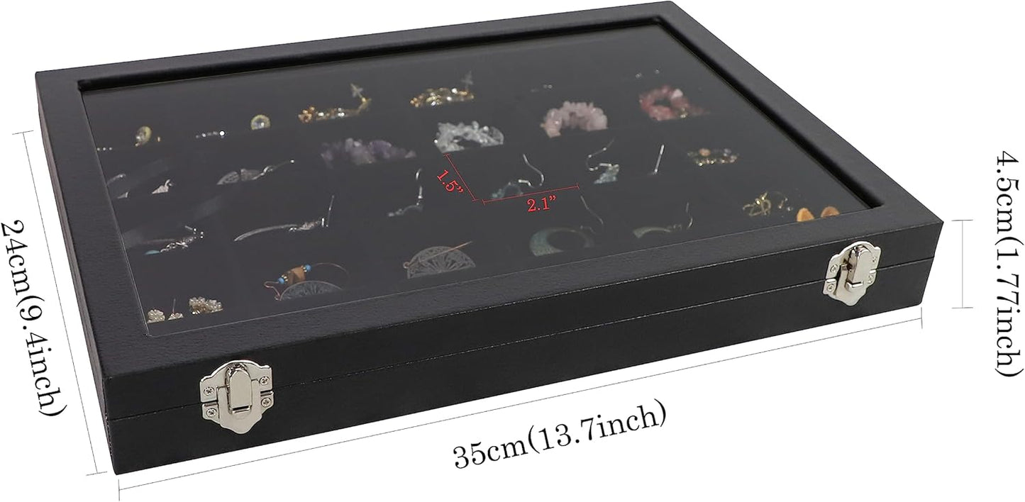 Wudygirl 30 Grid Jewelry Organizer Clear Lid Jewelry Tray Stackable Jewelry Storage Case Display Rings,Earrings,Necklace,Black Velvet (30 Grid)