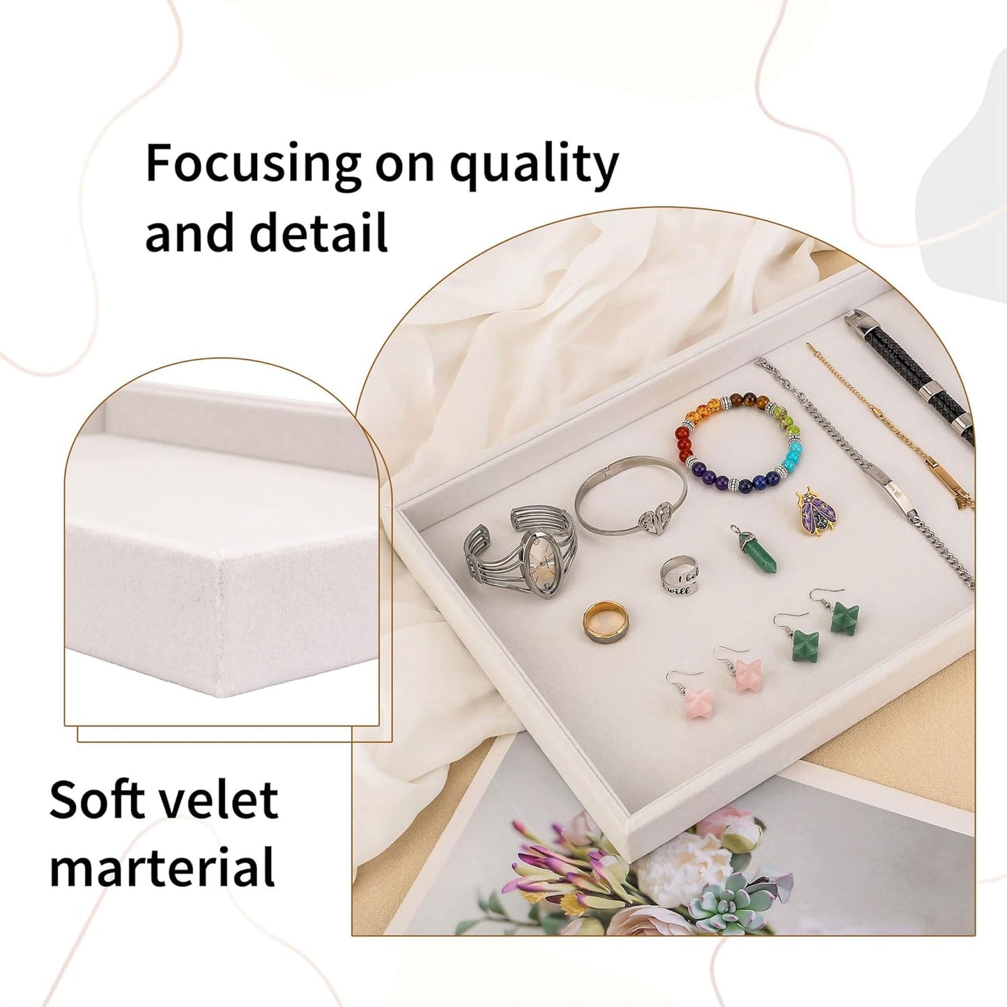 Mornajina 13.8" x 9.5" Velvet Jewelry Tray Jewelry Display Tray Flat Tray, Stackable Empty Plate Trays for Earrings Necklaces Bracelet Rings Display Showcase - Beige