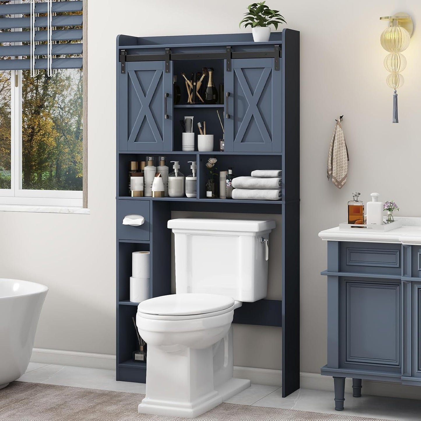 Vabches Over The Toilet Storage Cabinet, Farmhouse Storage Cabinet Over Toilet with Sliding Doors,Home Space-Saving Toilet Rack, for Bathroom, Restroom, Laundry