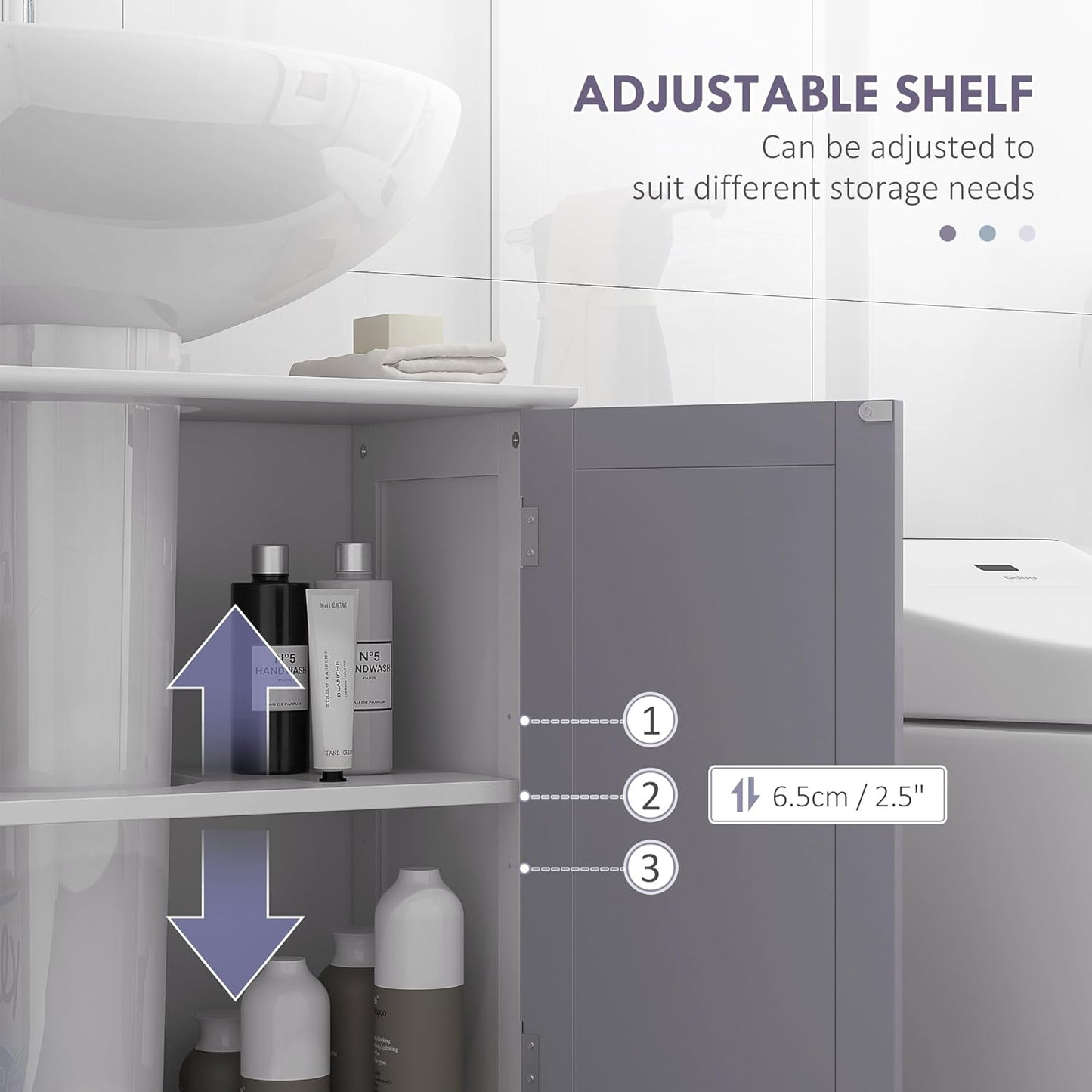 kleankin 23.5" Pedestal Sink Storage Cabinet, Freestanding Bathroom Under Sink Cabinet with U-Shape Cut-Out and Adjustable Shelf, White and Gray