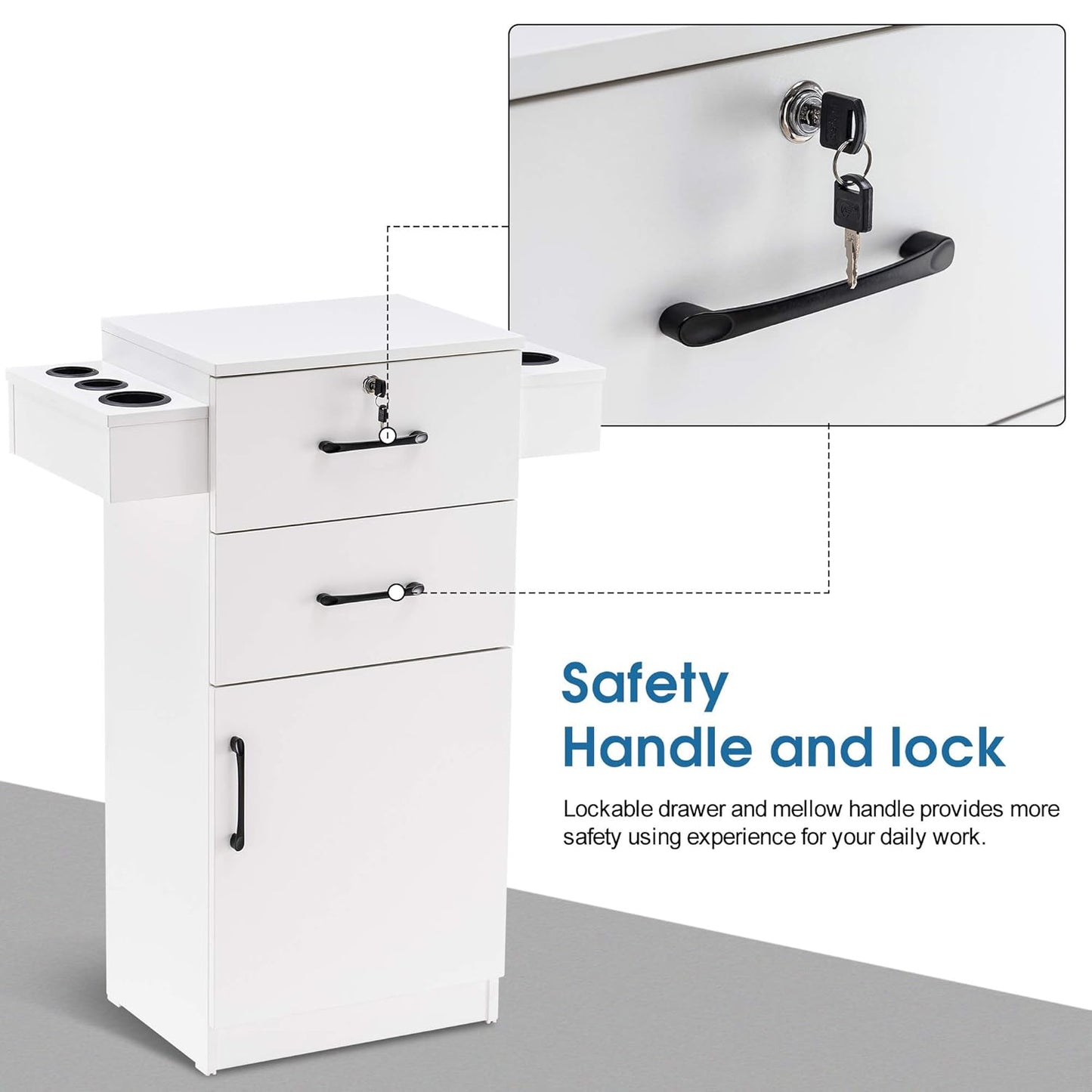 BarberPub 38"x18"x14" Locking Beauty Salon Storage Cabinet, Barber Styling Station with Nylon Hair Dryer Holder, Barber Shop Stylist Equipment with Drawers 2021 (White)