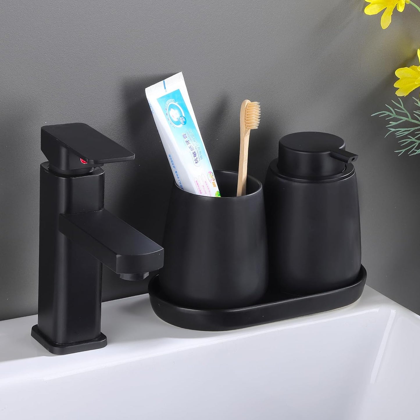 Matte Black Bathroom Accessory Set - 3pcs Ceramic Soap Dispenser Set Vanity Countertop Accessories Set, Includes Refillable Foaming Hand Soap Dispenser, Toothbrush Holder and Tray (Foam Pump)