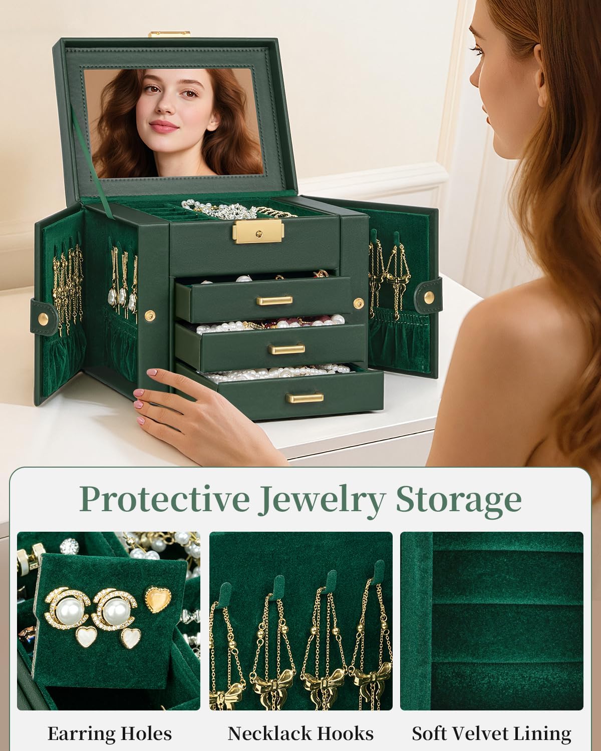 TORIBIO Jewelry Box for Women, Leather Jewelry Organizer with Mirror & Lock, 4-Tier Jewelry Storage Organizer with 3 Drawers for Girls/Women/Mothers, Necklace Earring Bracelets Holder Organizer