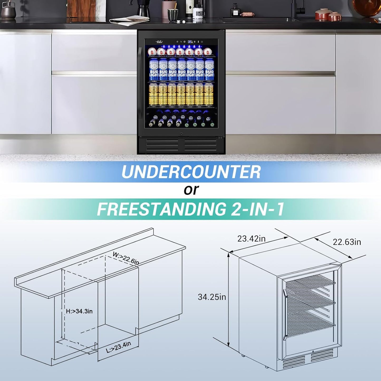 24" Black Beverage Refrigerator Cooler: 24Inch Built-In Under Counter Fridge for Soda, Beer, Drink | 168Cans Large Capacity - Perfect for Kitchen, Bar, or Office