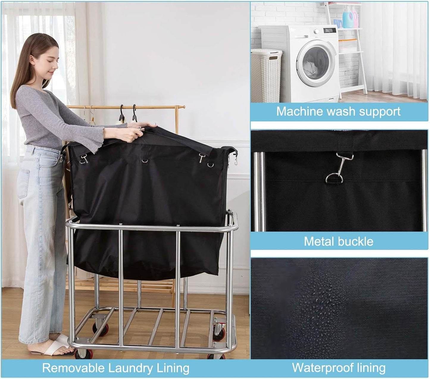 Laundry Cart Commercial Black,11.35 Bushel Large Industrial Rolling Laundry Hamper with 4 Inch Wheels,Household Heavy Duty Laundry Baskets with Stainless Steel Frame, 260 LBS Weight Capacity