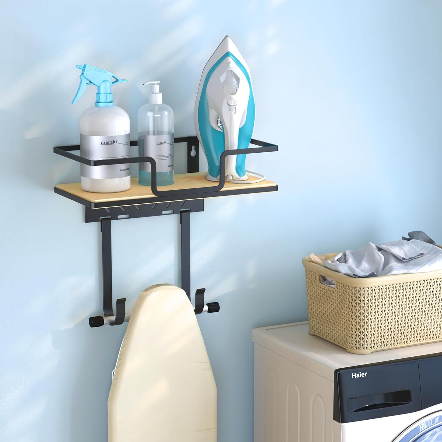 efluky Ironing Board Hanger with Removable Hooks, Ironing Board Holder Wall Mount for T/Y Leg, 12.59" L x 5.9" W x 2.36" H, Black