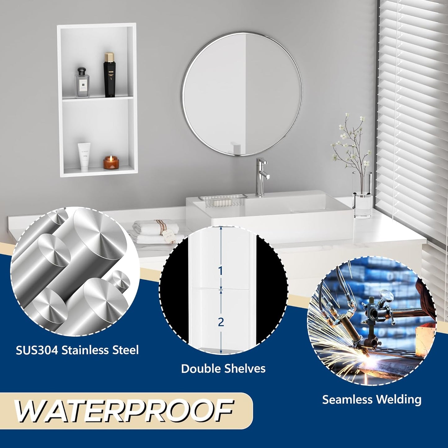 Stainless Steel Shower Niche 24" X 12", No Tile Needed Wall Niche Double Shelves, Recessed Shower Shlef for Bathroom Storage, Matte White