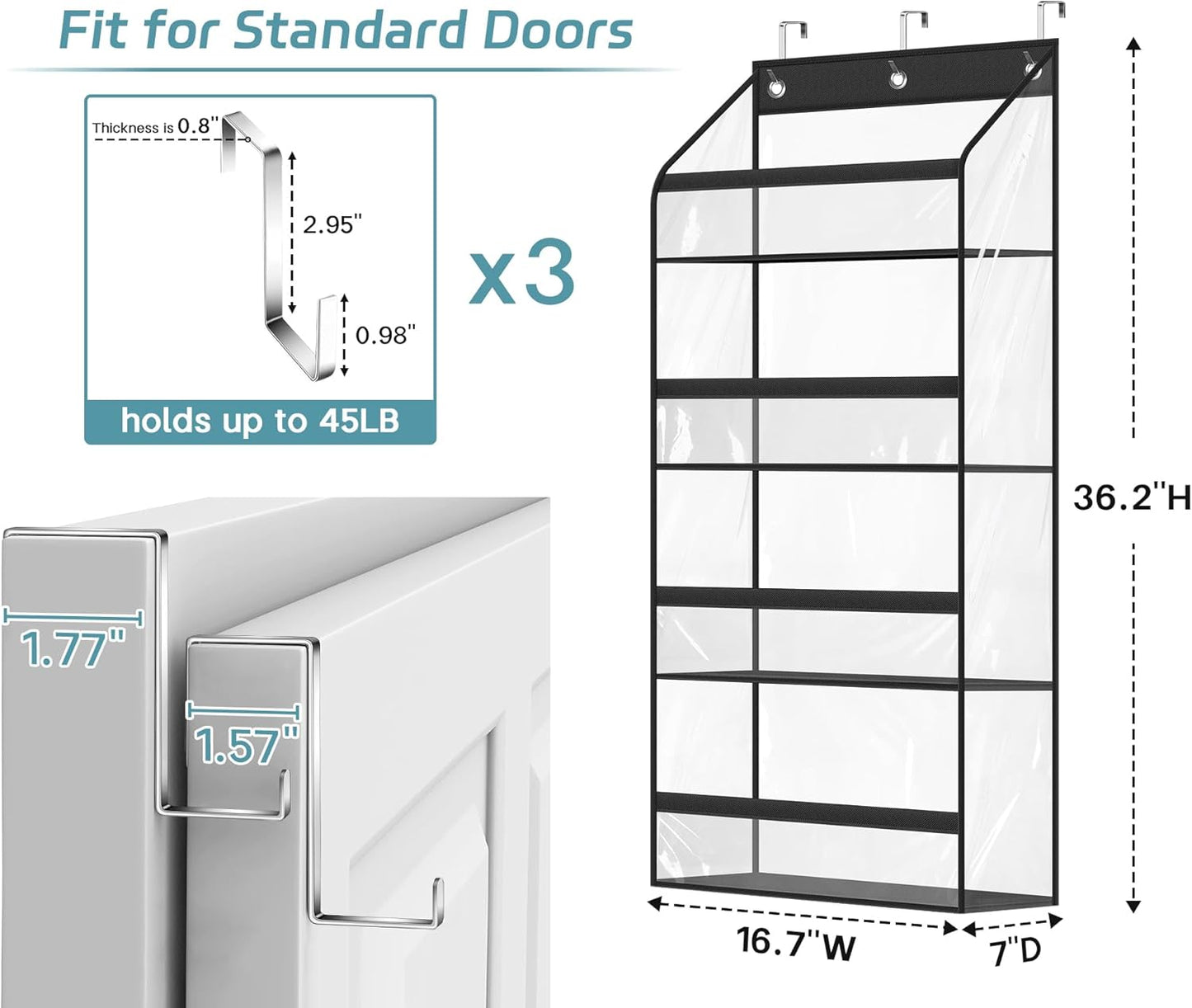 AOODA Clear Over the Door Hat Racks for Baseball Caps, Hold 48 Caps Hat Storage Organizer for Closet Wall, Deep Pockets Hanging Snapback Holder Shelves with 3 Hooks, Black