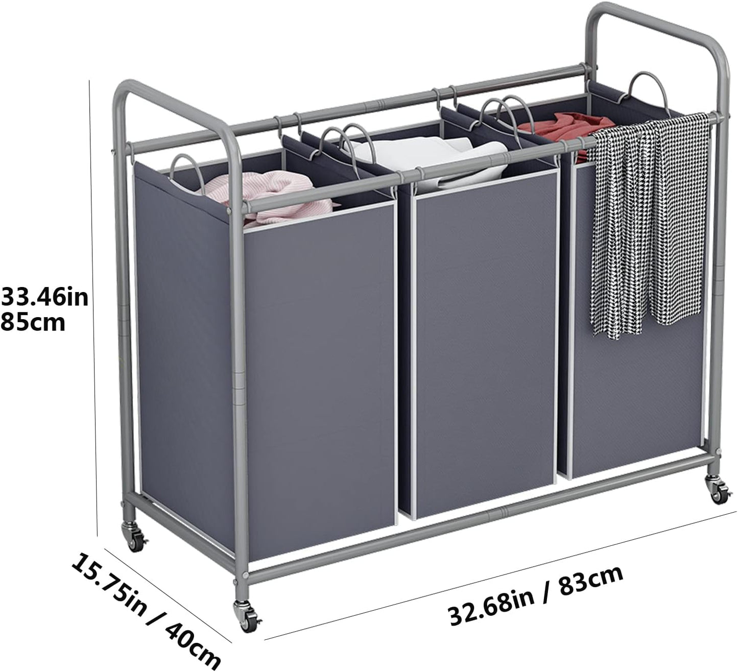 LINZINAR 3-Bag Laundry Sorter,Laundry Hamper Cart with Heavy Duty Rolling Lockable Wheels and Removable Bags (Grey)