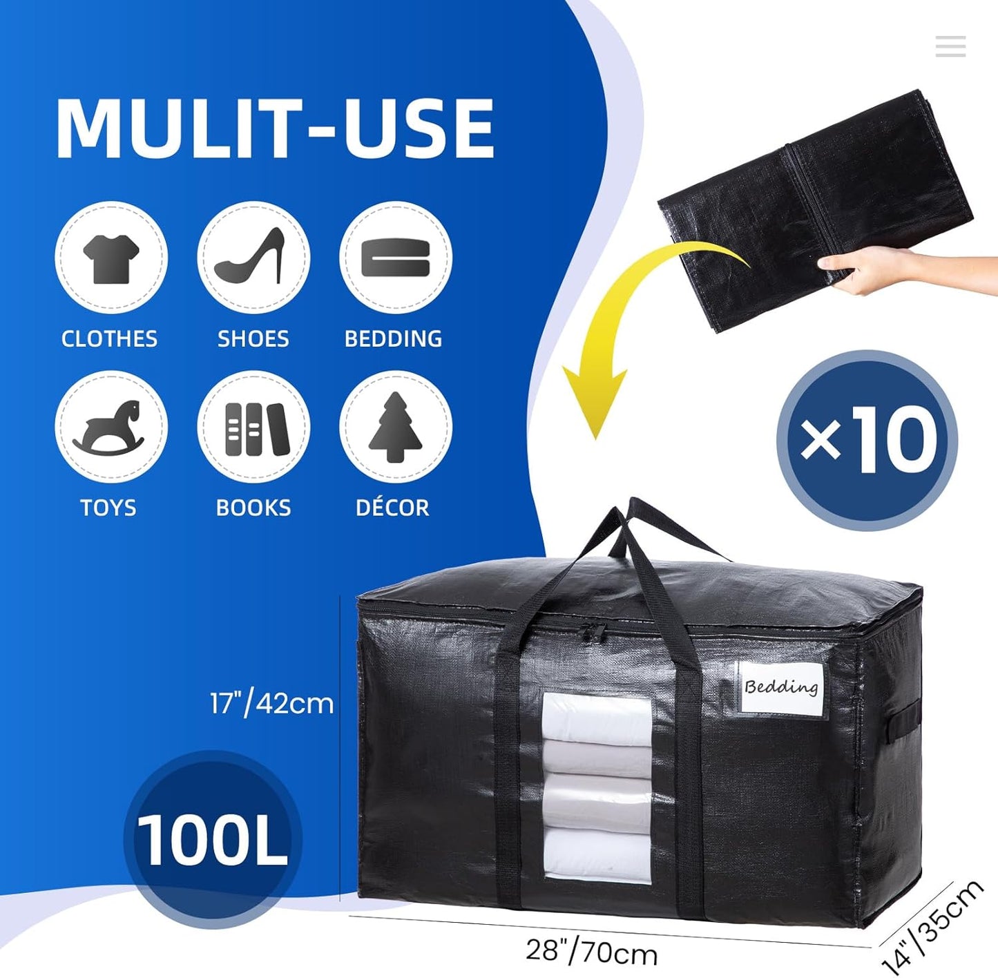 TAILI Extra Large Moving Bags, 10 Pack Black Heavy Duty Totes for Storage with Visible Window, Wrap Around Handles, Storage Bags for Space Saving, Alternative to Moving Boxes