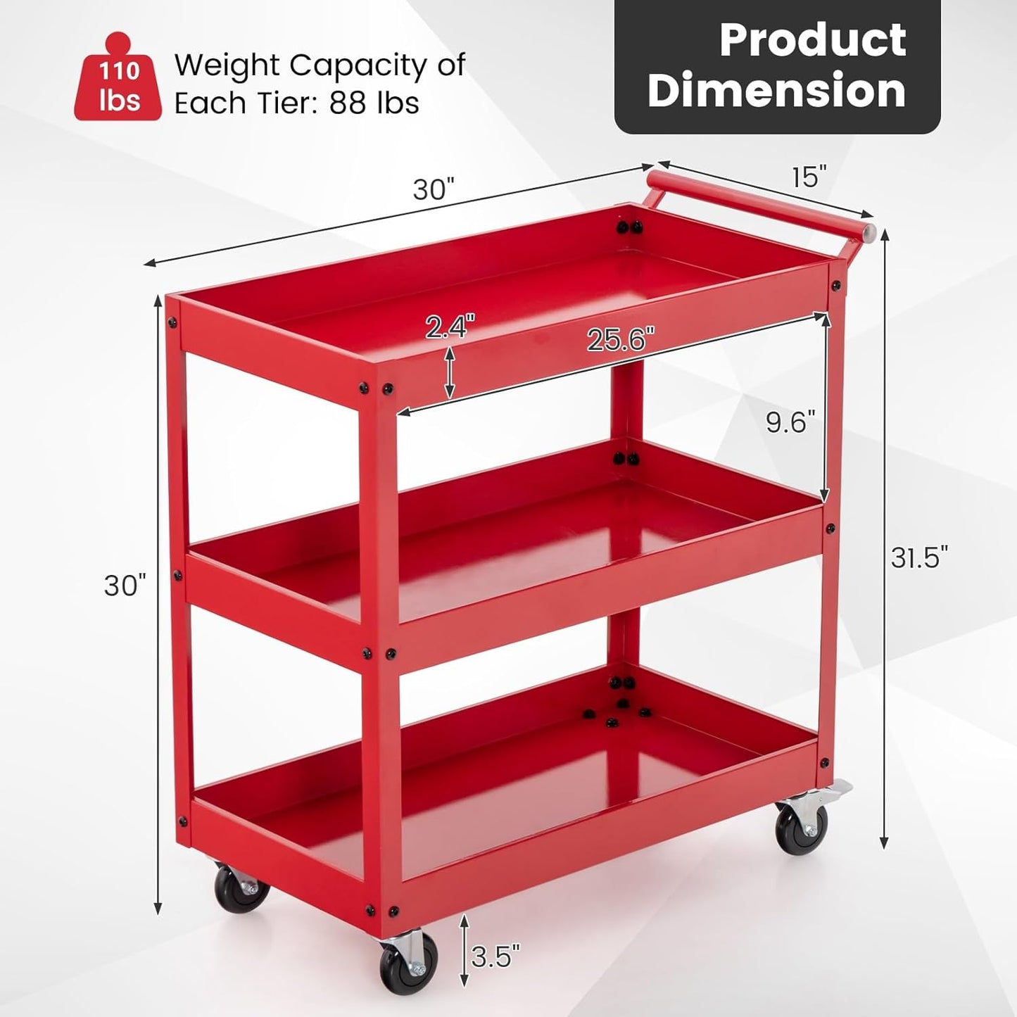 Goplus 3-Tier Utility Cart, Heavy Duty Commercial Service Tool Cart w/Lockable Wheels, 330lbs Load Capacity, Ergonomic Handle, Rolling Mechanic Tool Cart Storage Organizer for Warehouse Garage Red