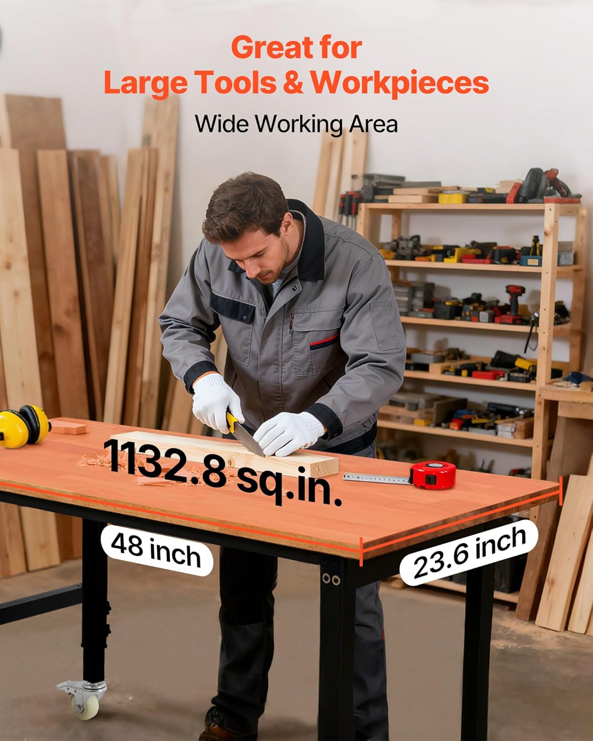 VEVOR Adjustable Workbench on Wheels, 1500 lbs Capacity, 48 x 24 Inch Oak Wood Top Workbench with 28.5-42.3 Inch Height Adjustment, Heavy-Duty Hardwood Worktable for Garage, Workshop, Home, Office